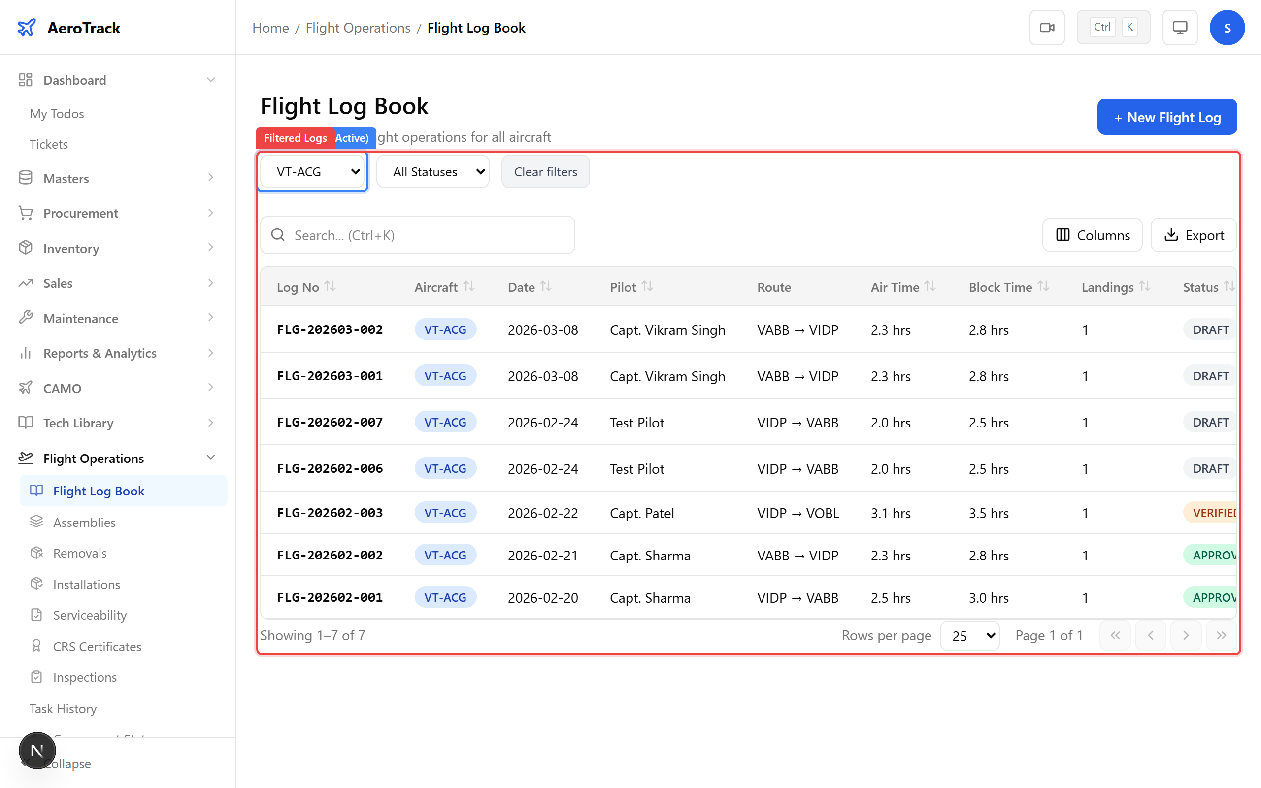 Flight log list filtered by aircraft showing air time and block time