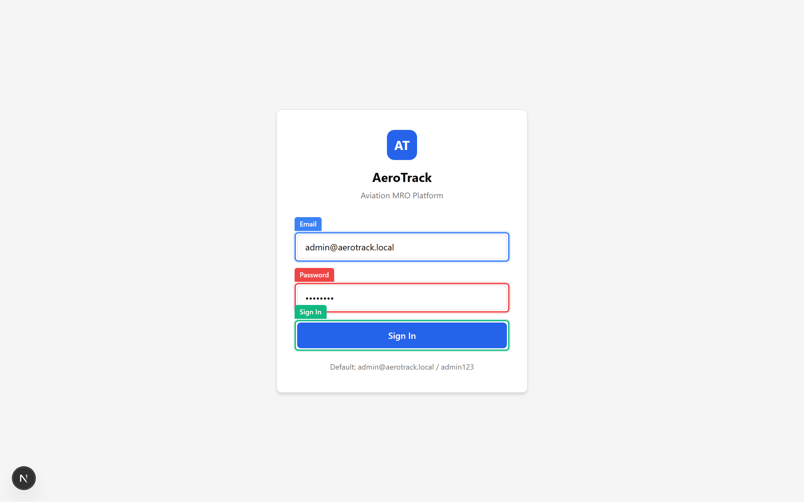 Login page with email, password, and sign-in button highlighted