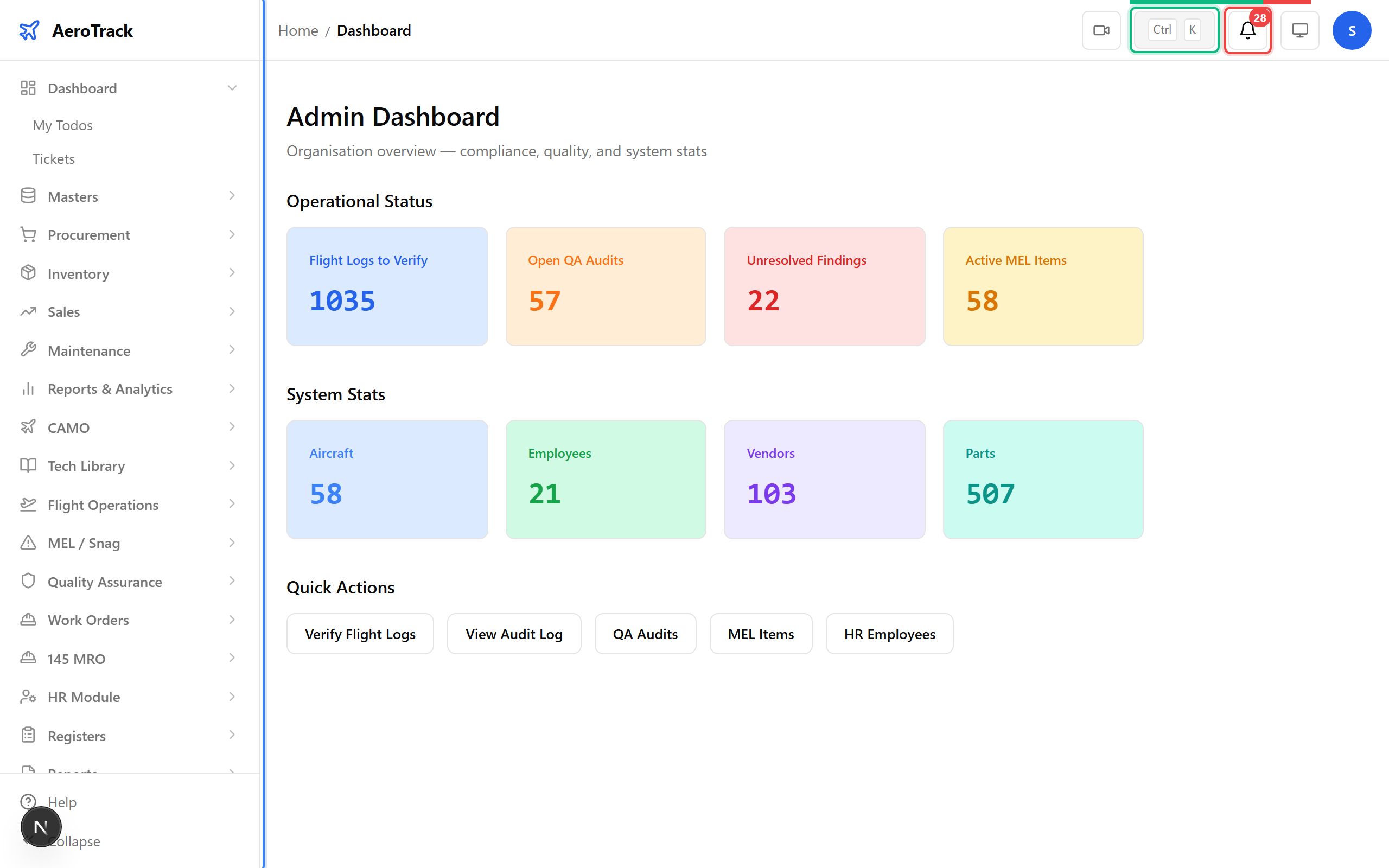 Admin dashboard showing sidebar, notification bell, and Ctrl+K hint