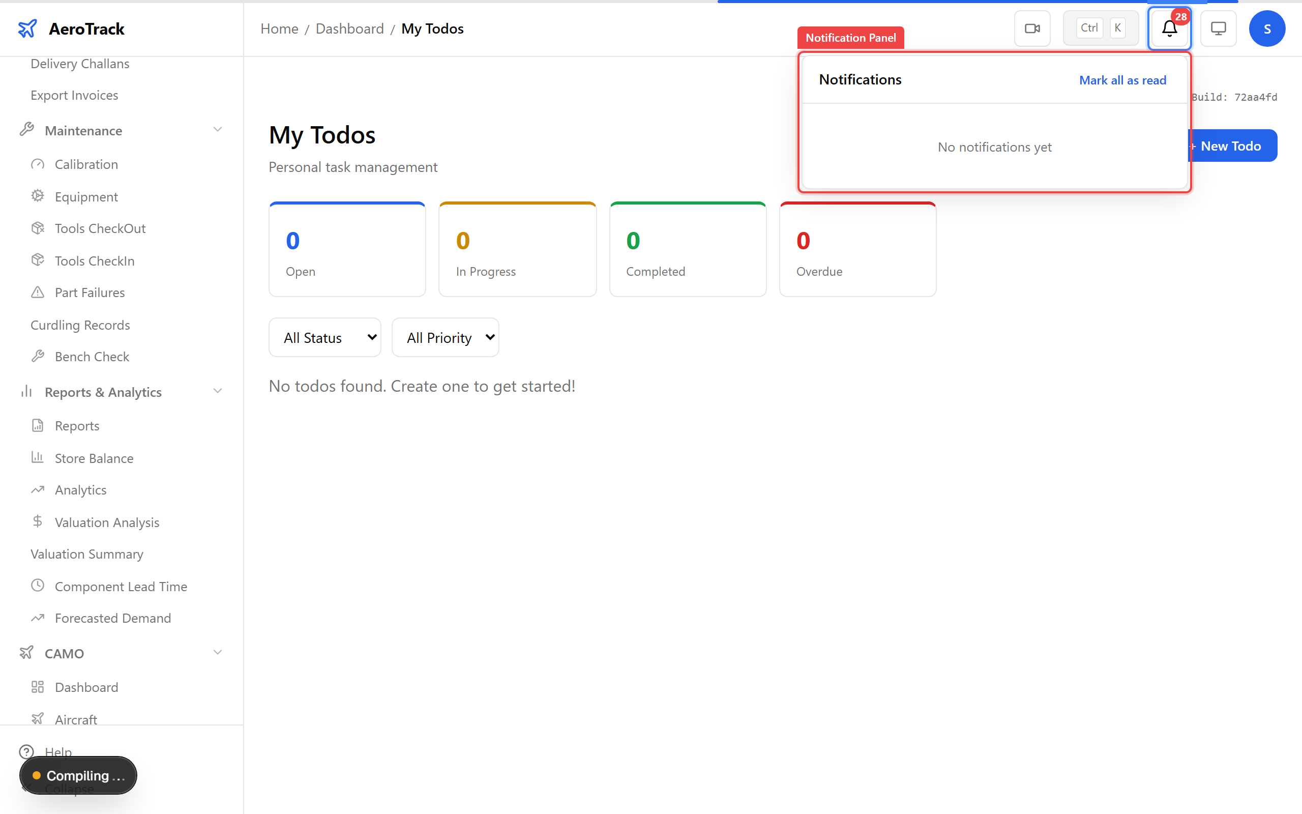 Notification bell with dropdown panel open