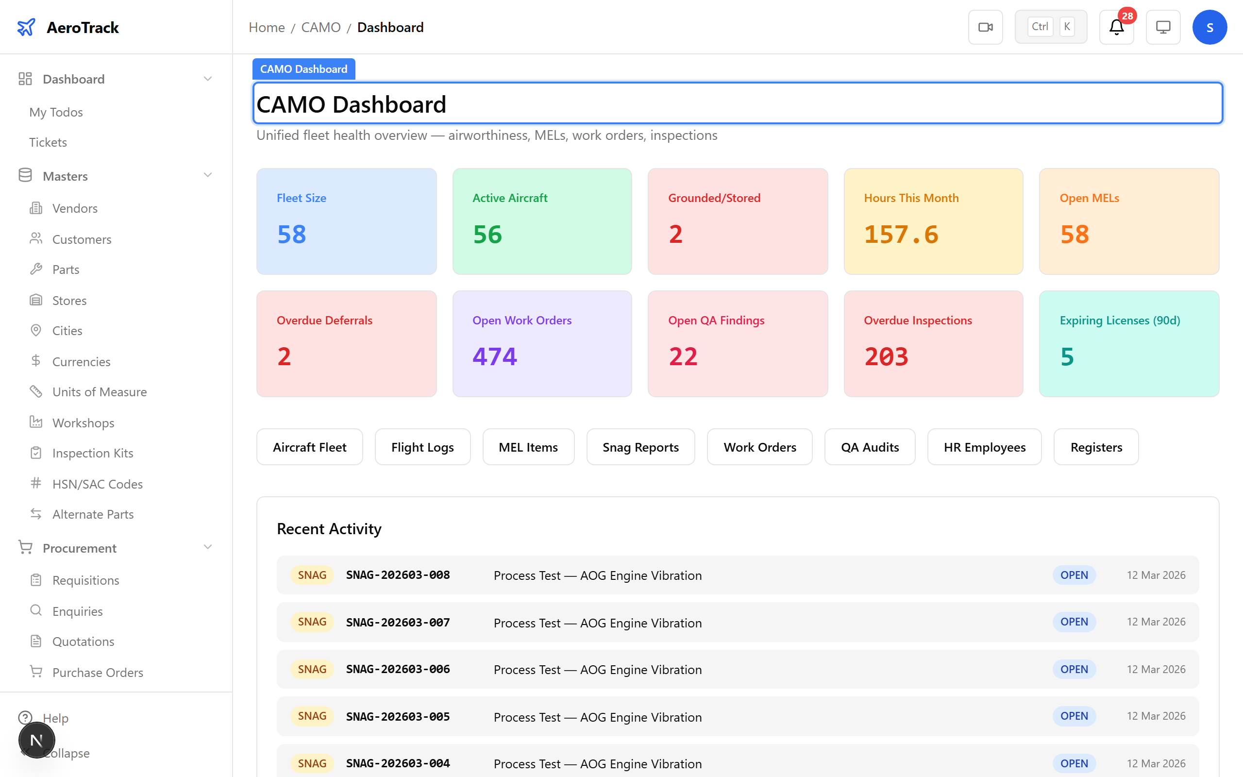 CAMO dashboard with fleet health KPIs