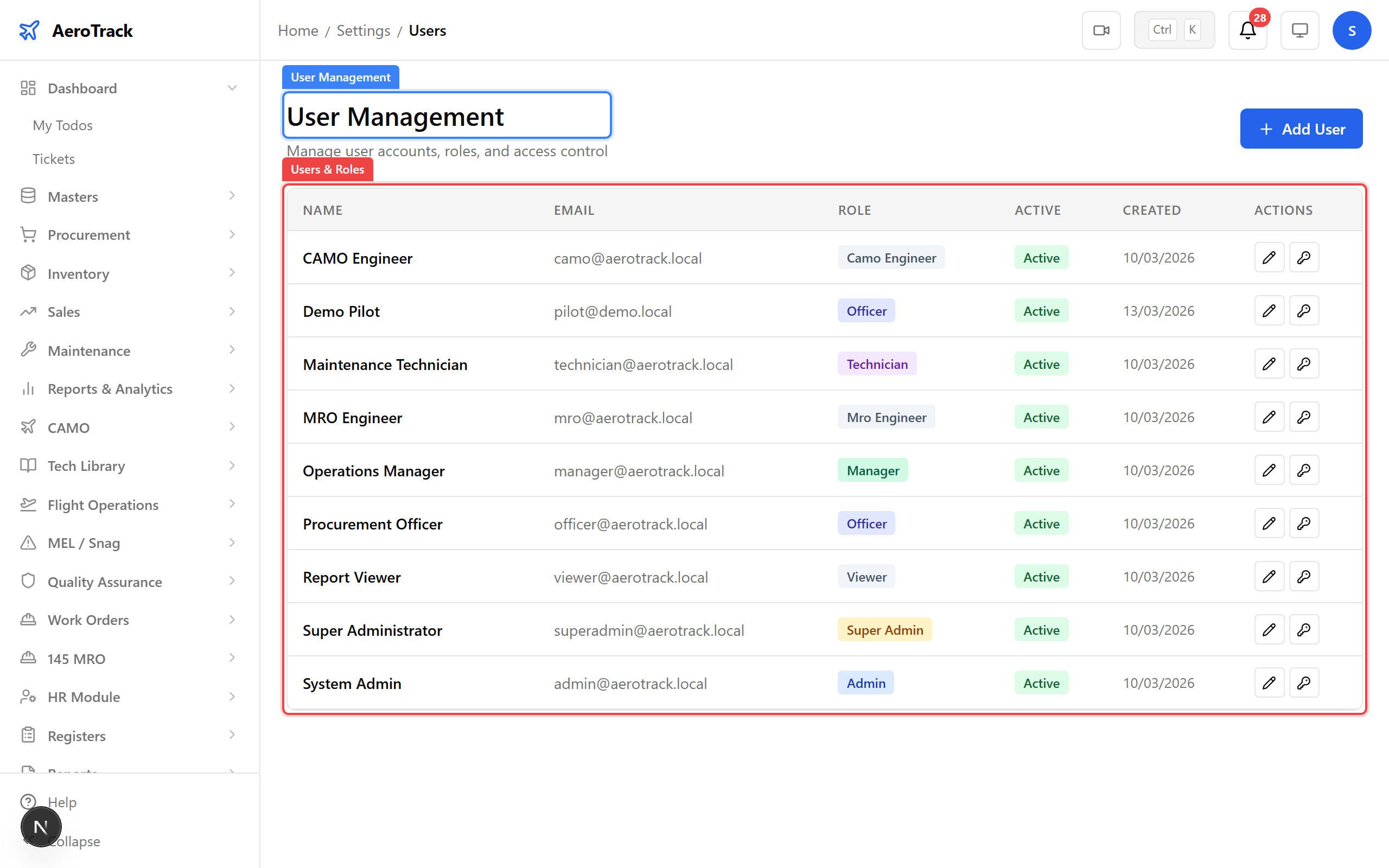 User management page showing user list and roles