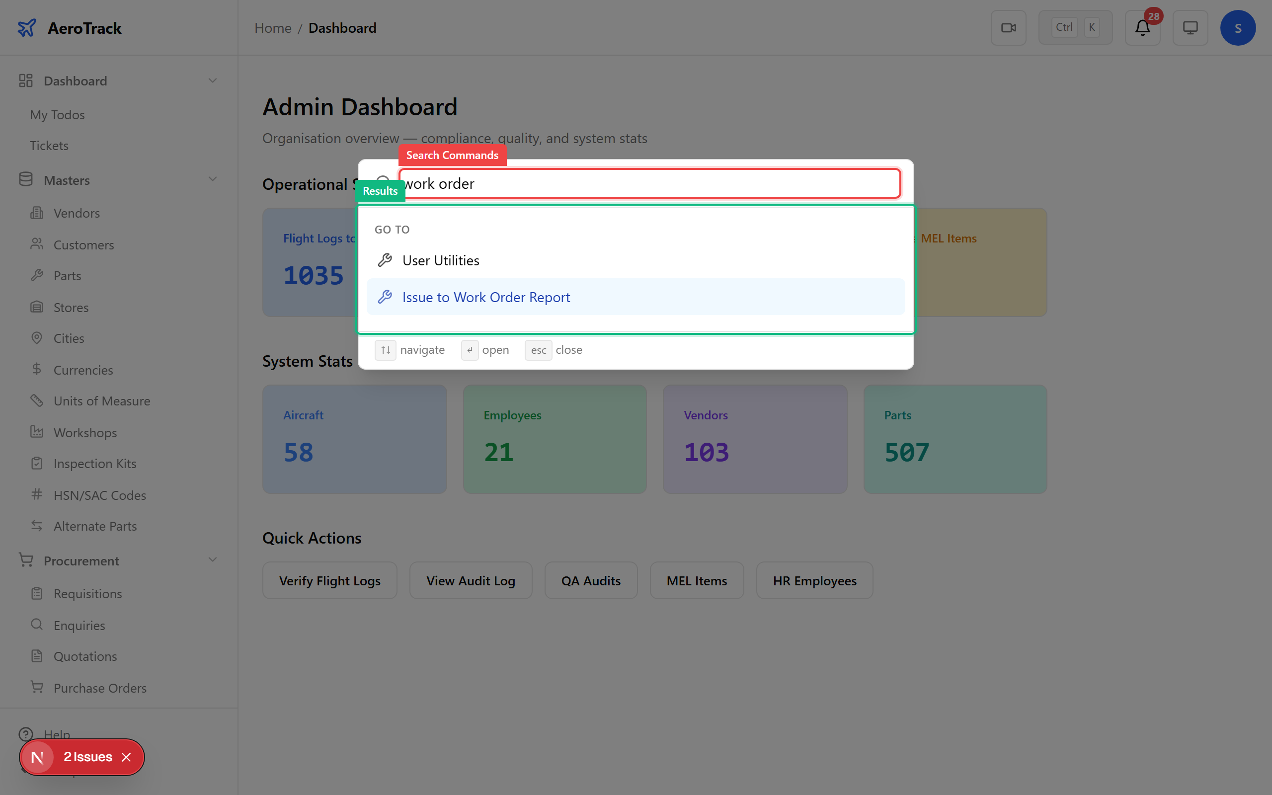 Command palette overlay with search results