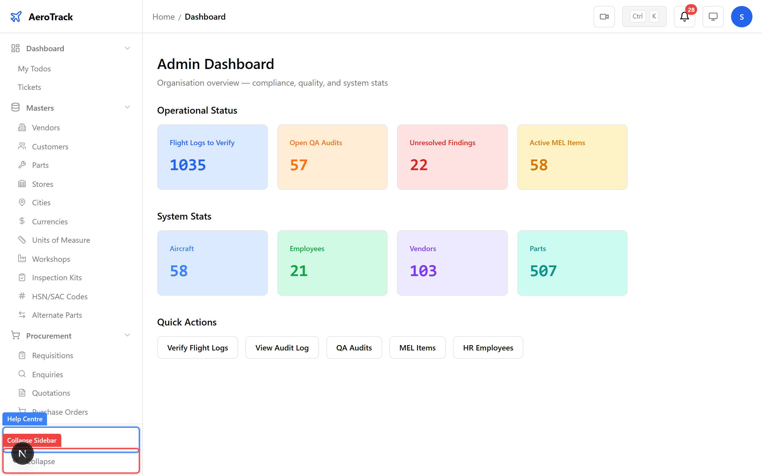 Sidebar bottom showing help link and collapse button