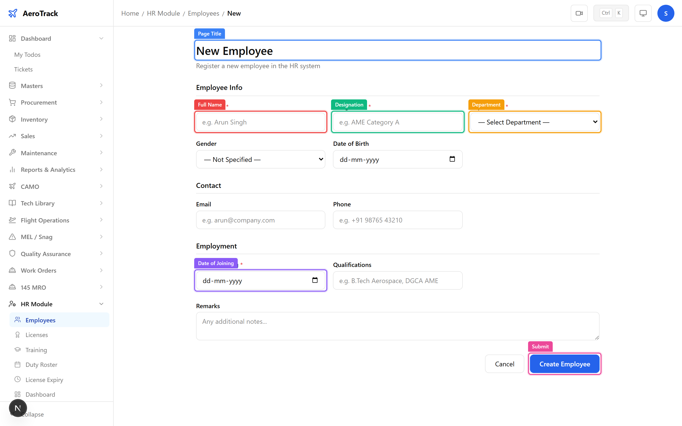 New employee form with name, designation, department, and contact fields