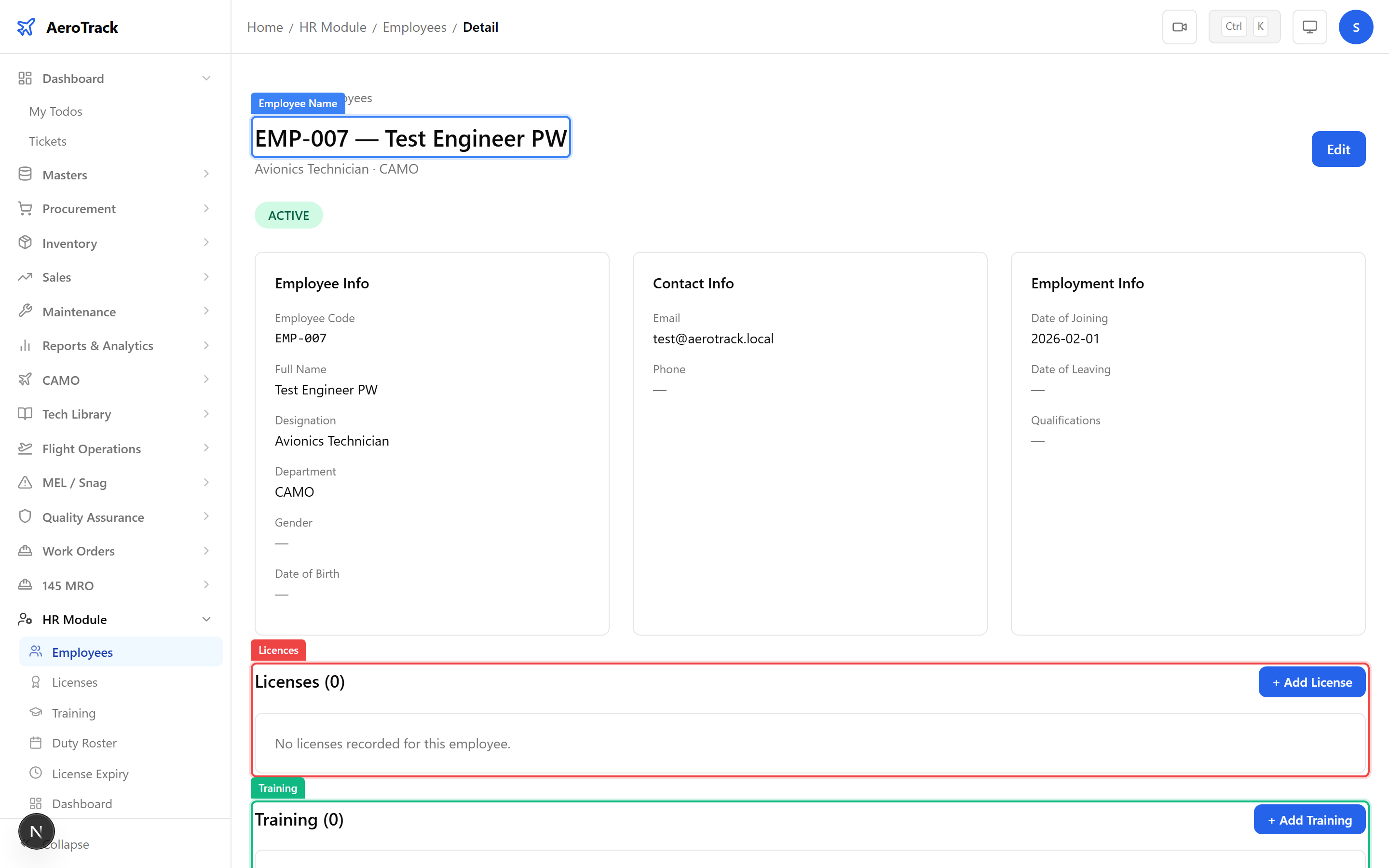 Employee detail showing personal info, licences section, and training section