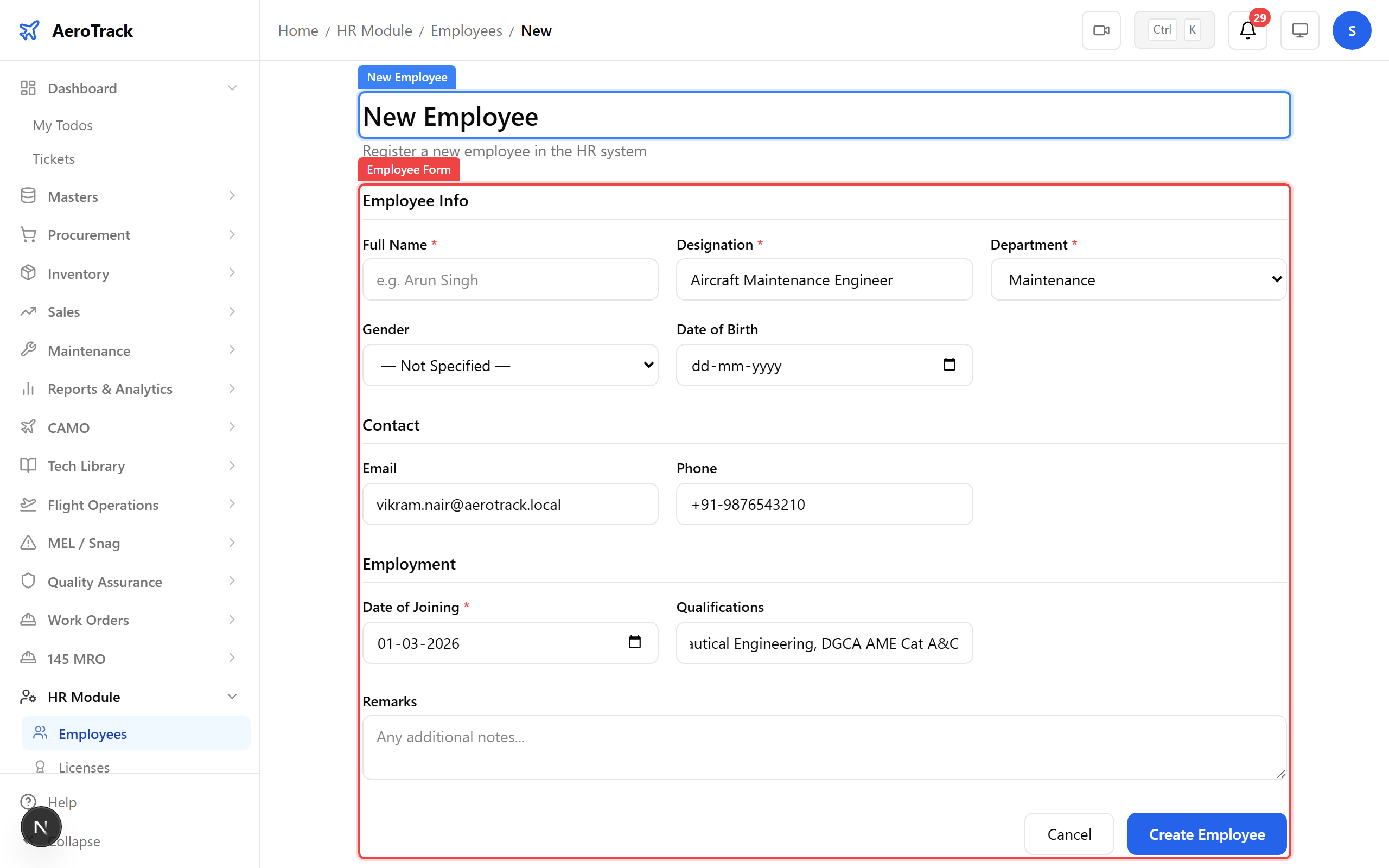 Employee creation form with all fields