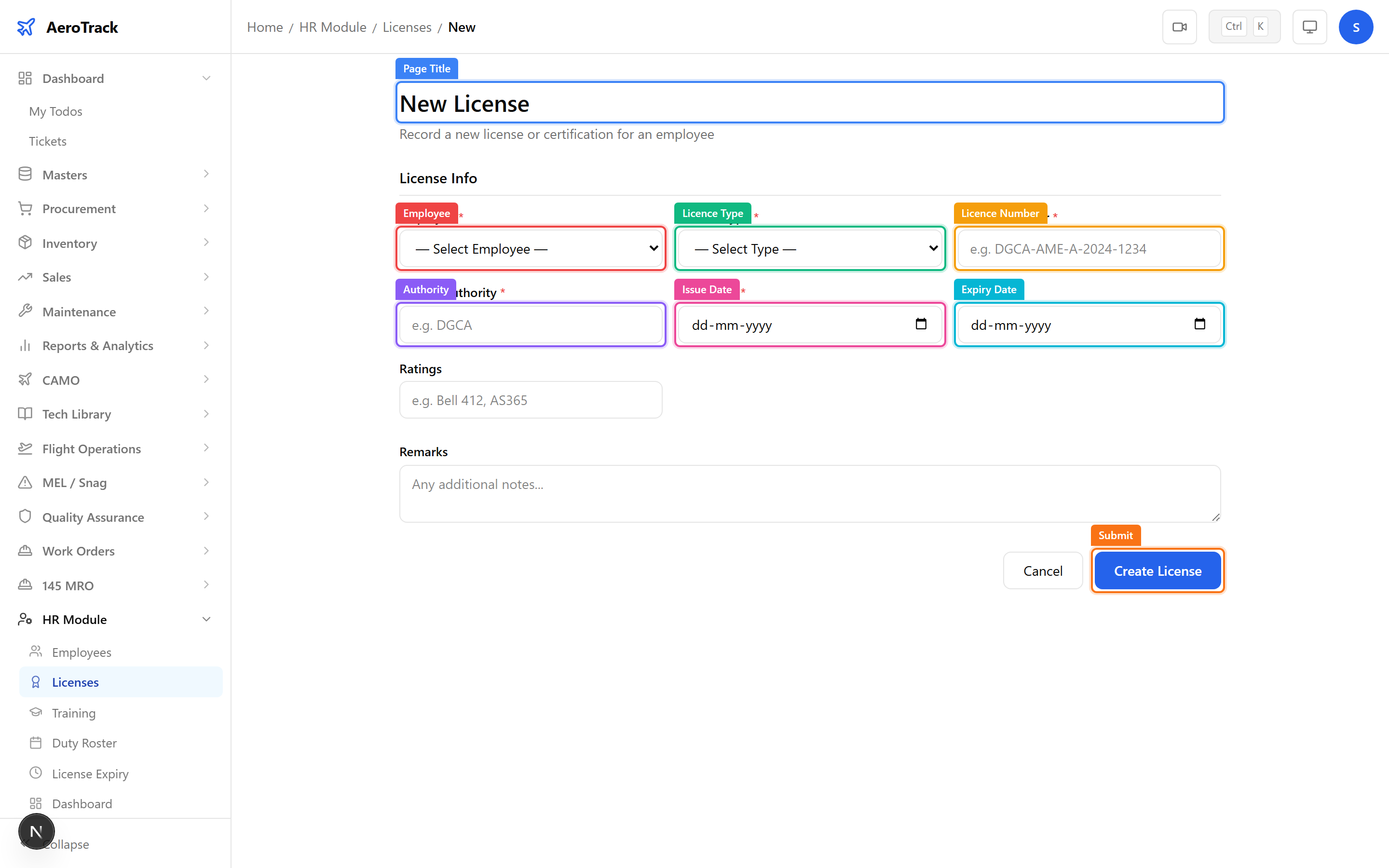 New licence form with employee, type, number, authority, dates, and ratings fields
