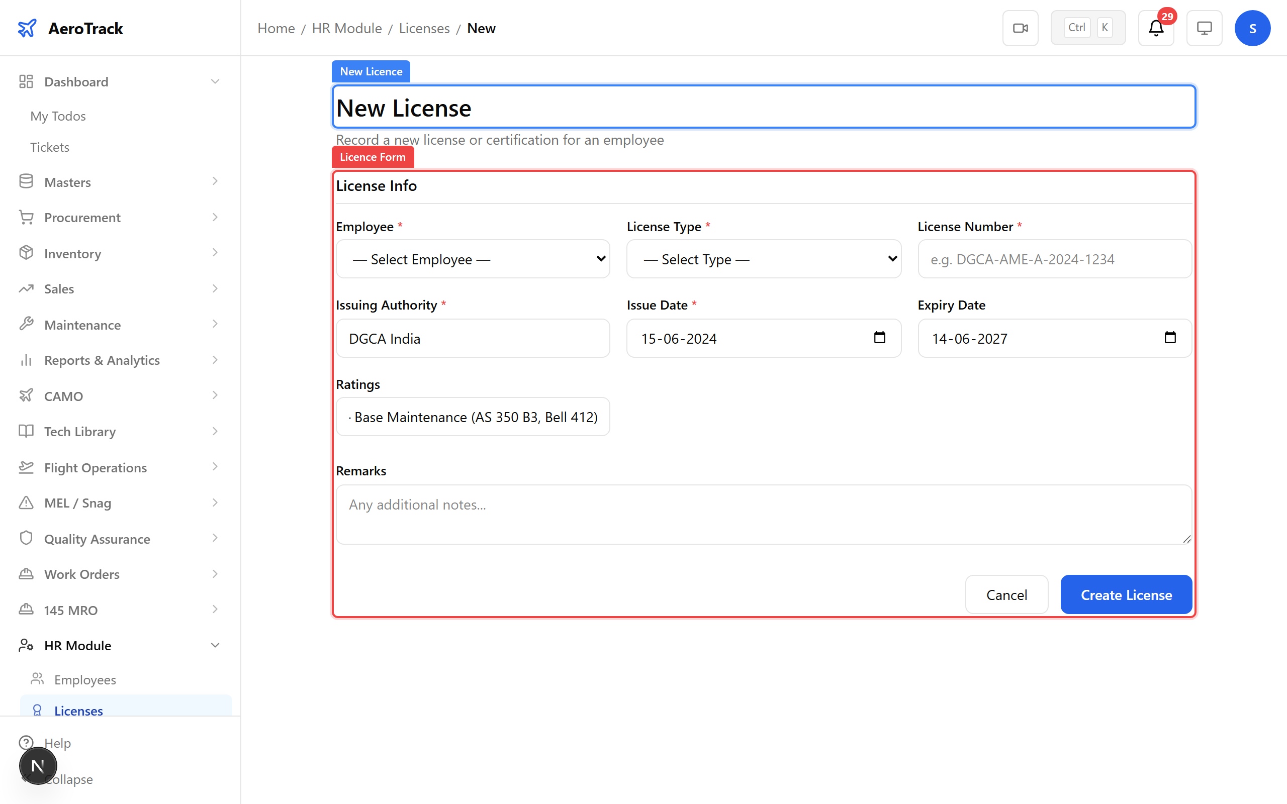 Licence creation form with type ratings