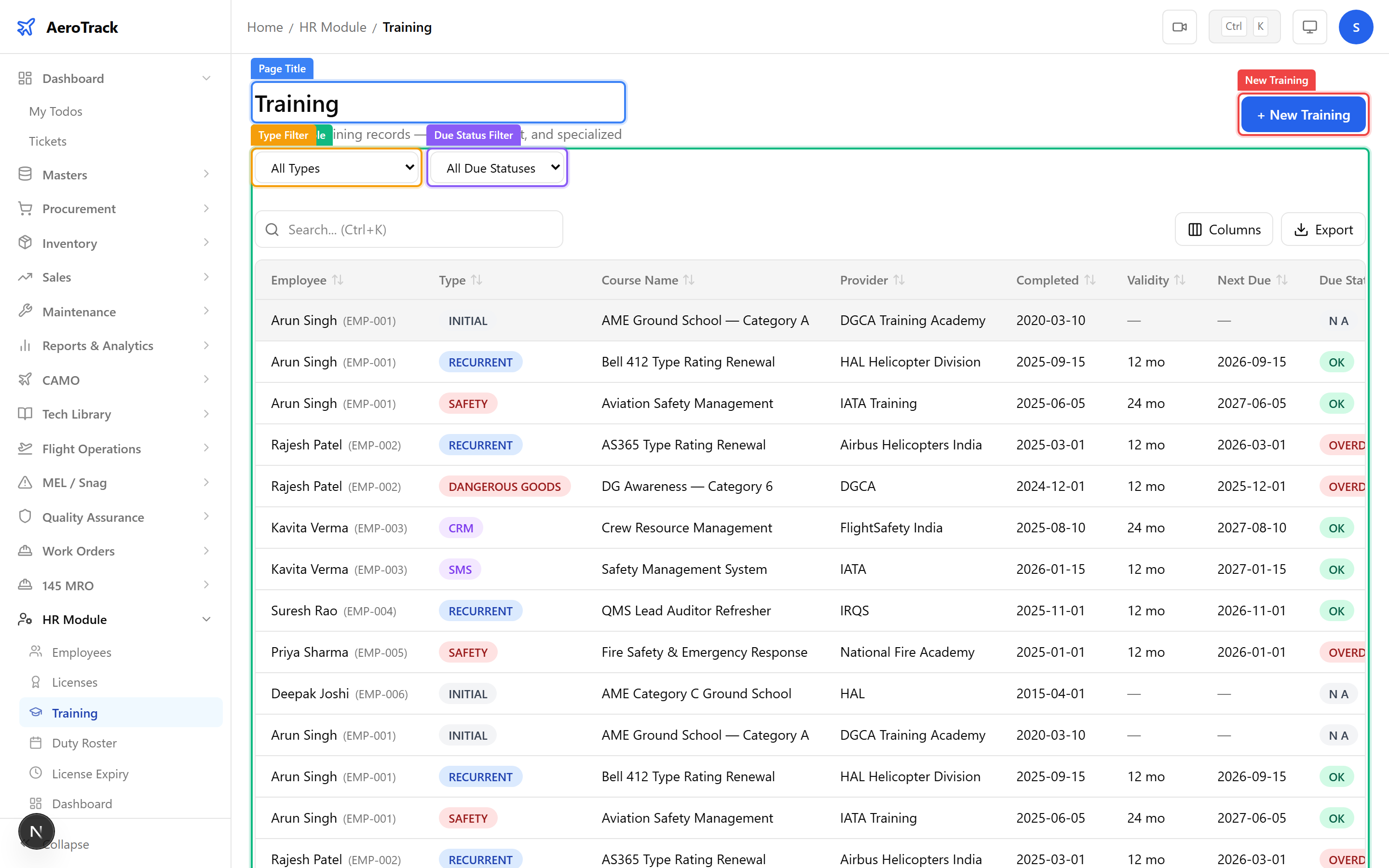 Training records list with employee, type, course, completion date, and due status