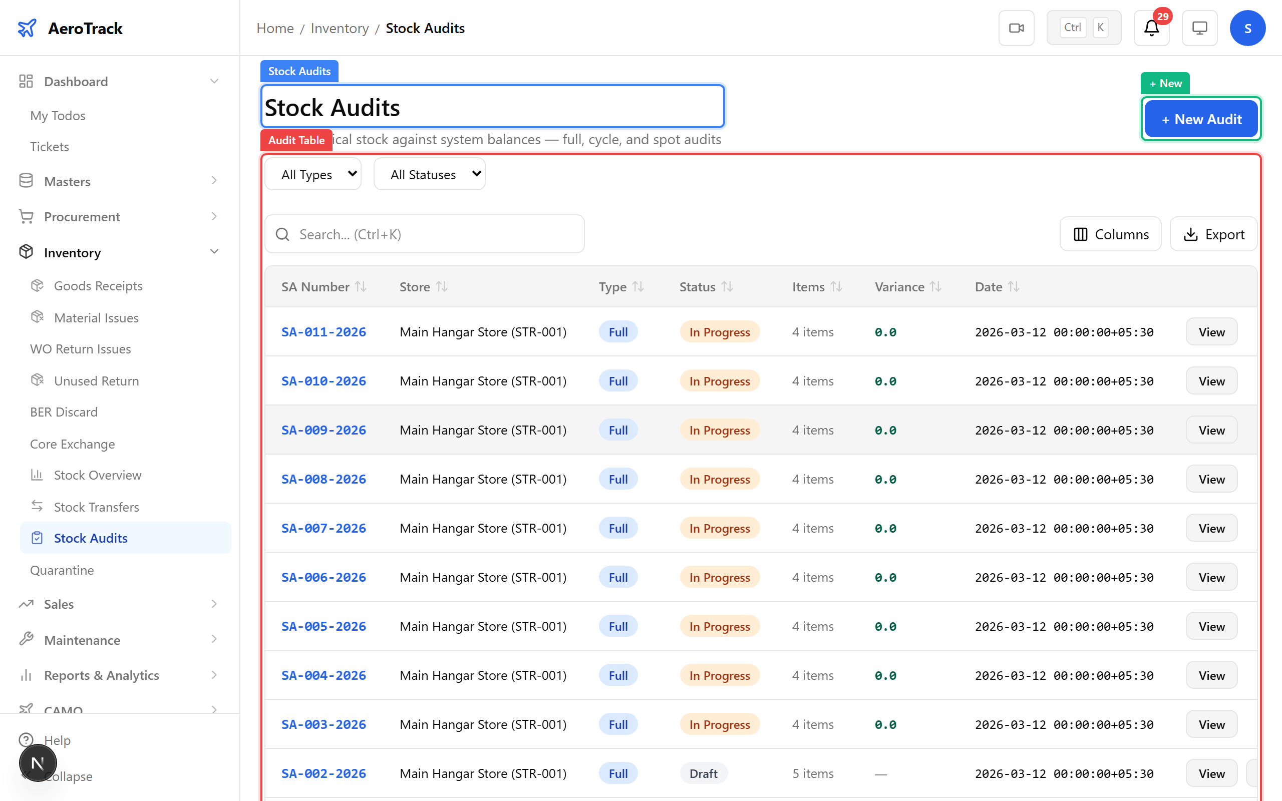 Stock audit list with variance indicators