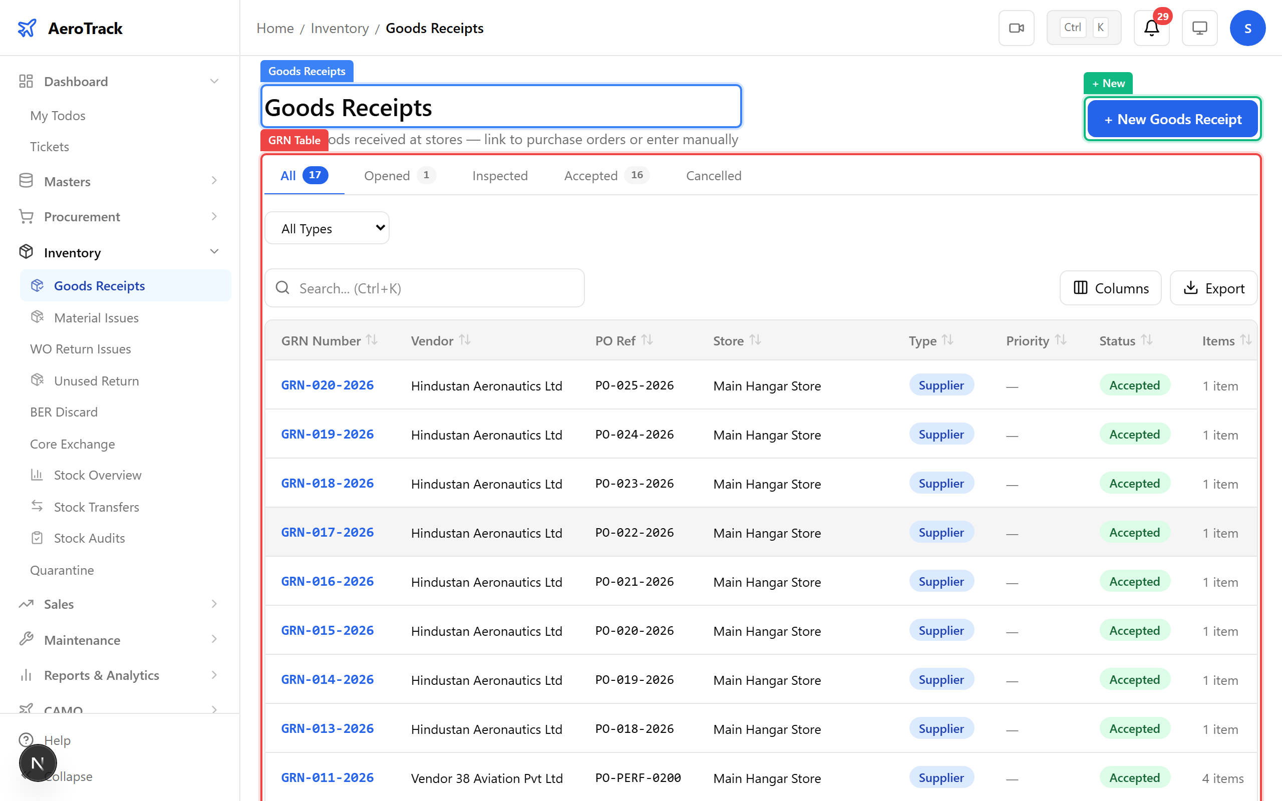 Goods receipt list with inspection status