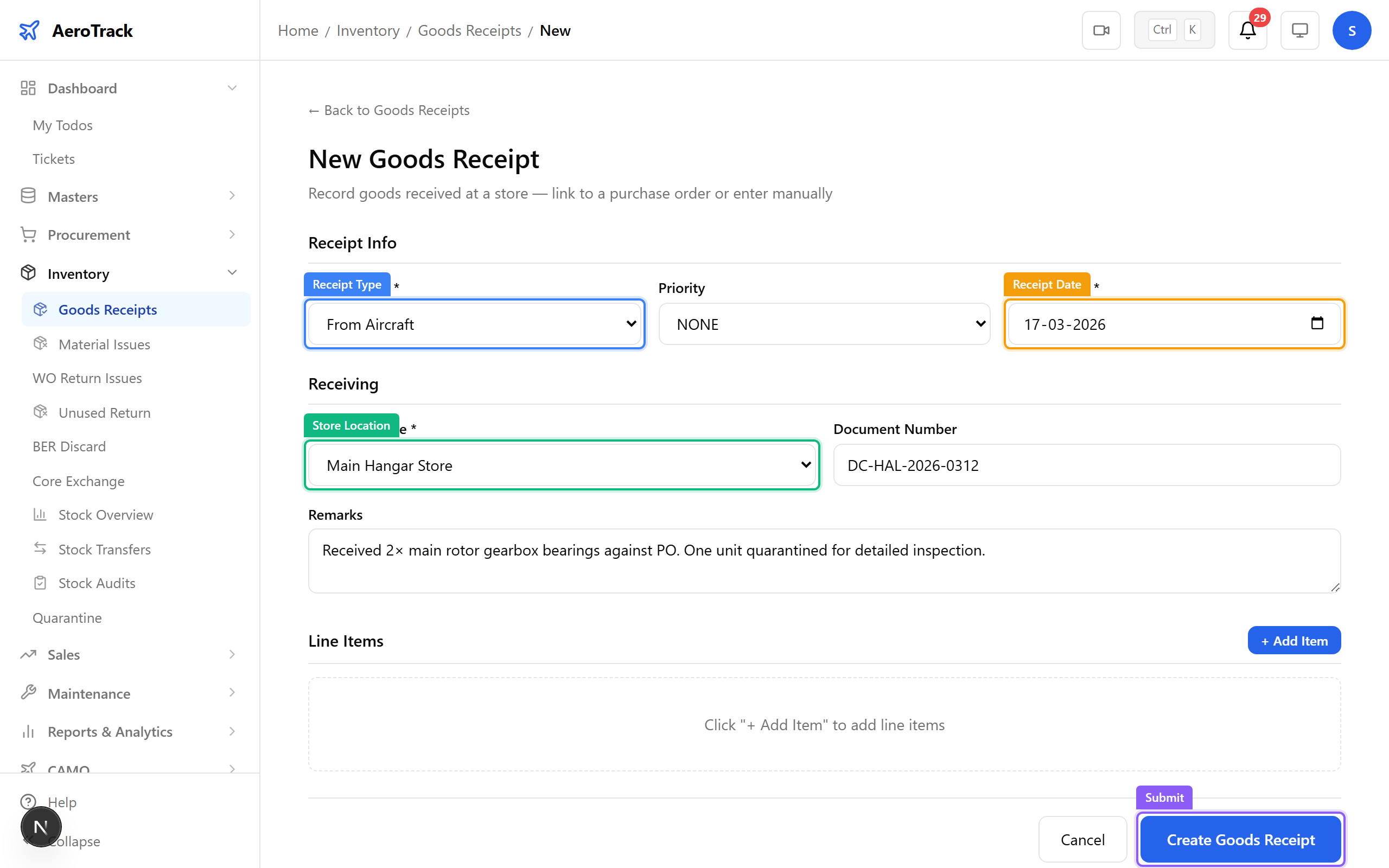 Goods receipt form linked to purchase order