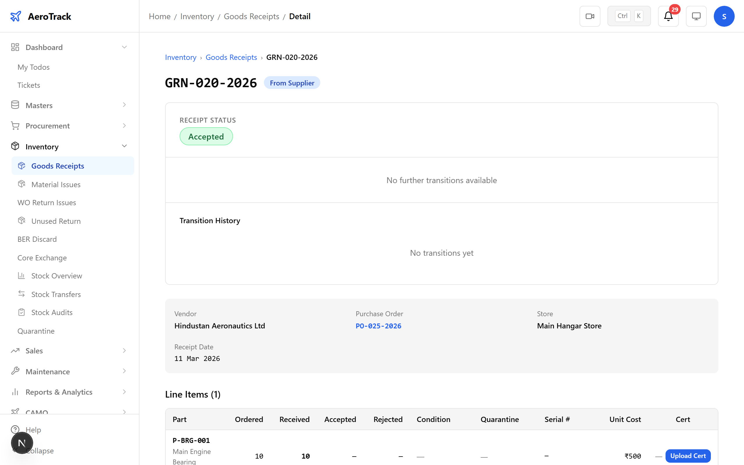 GRN detail with inspection controls