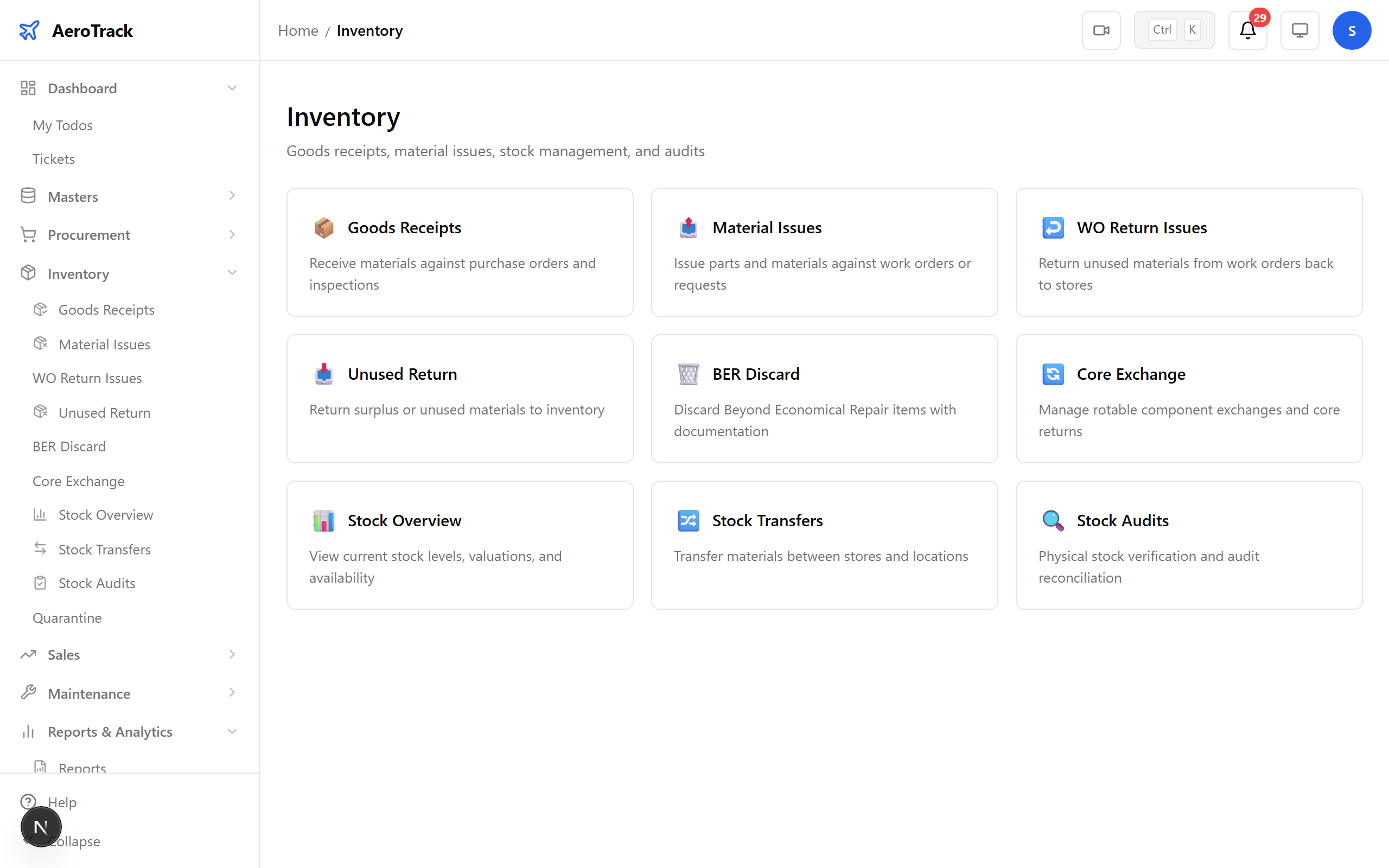 Inventory landing showing complete flow