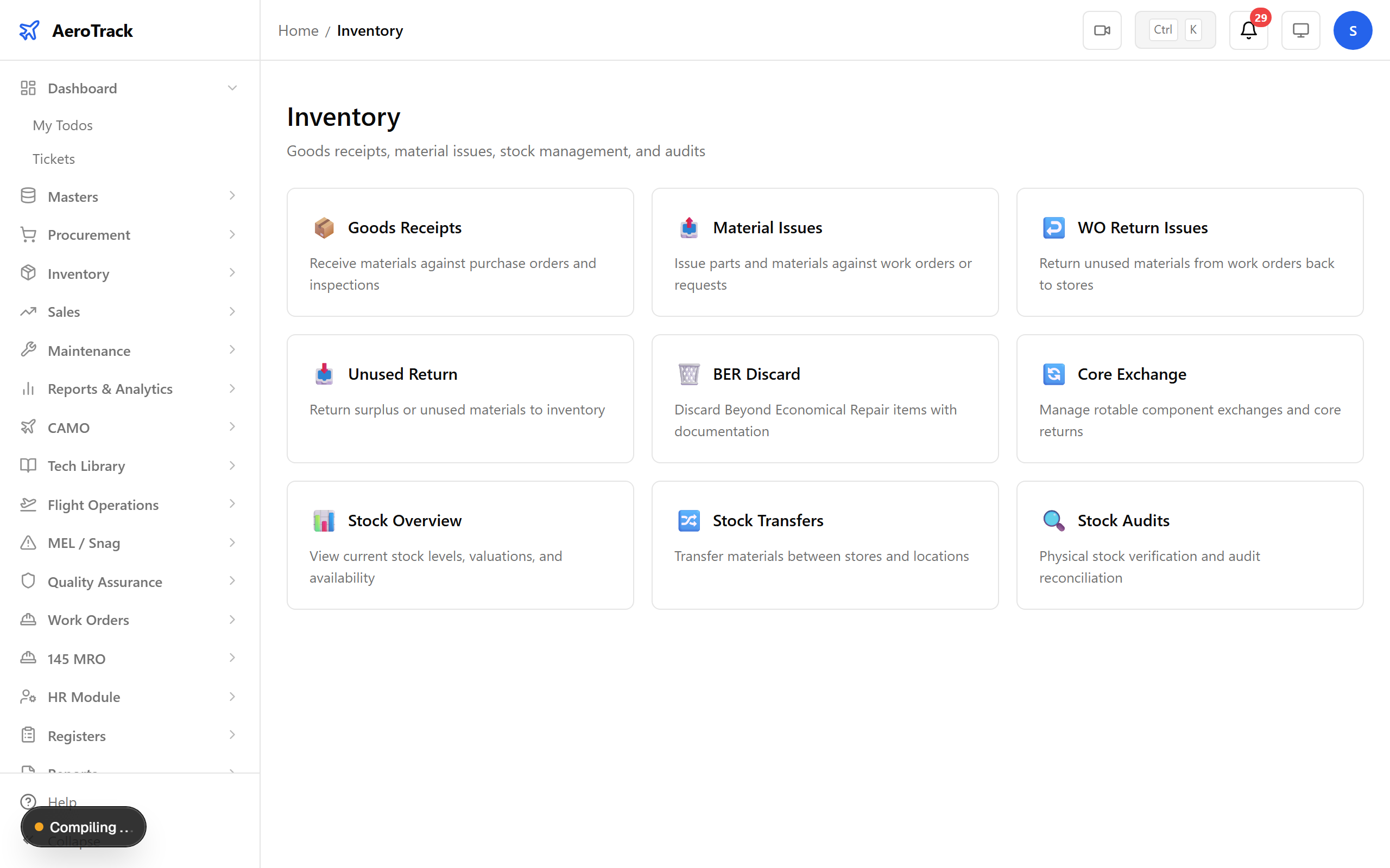 Inventory module landing page