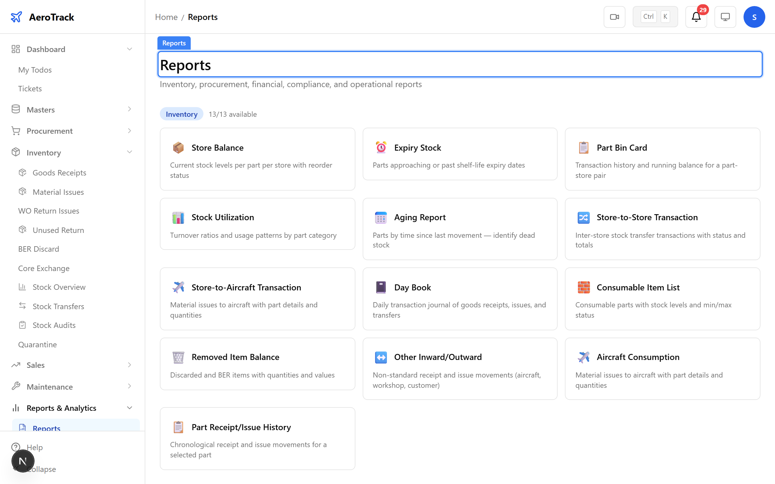 Reports index with inventory reports