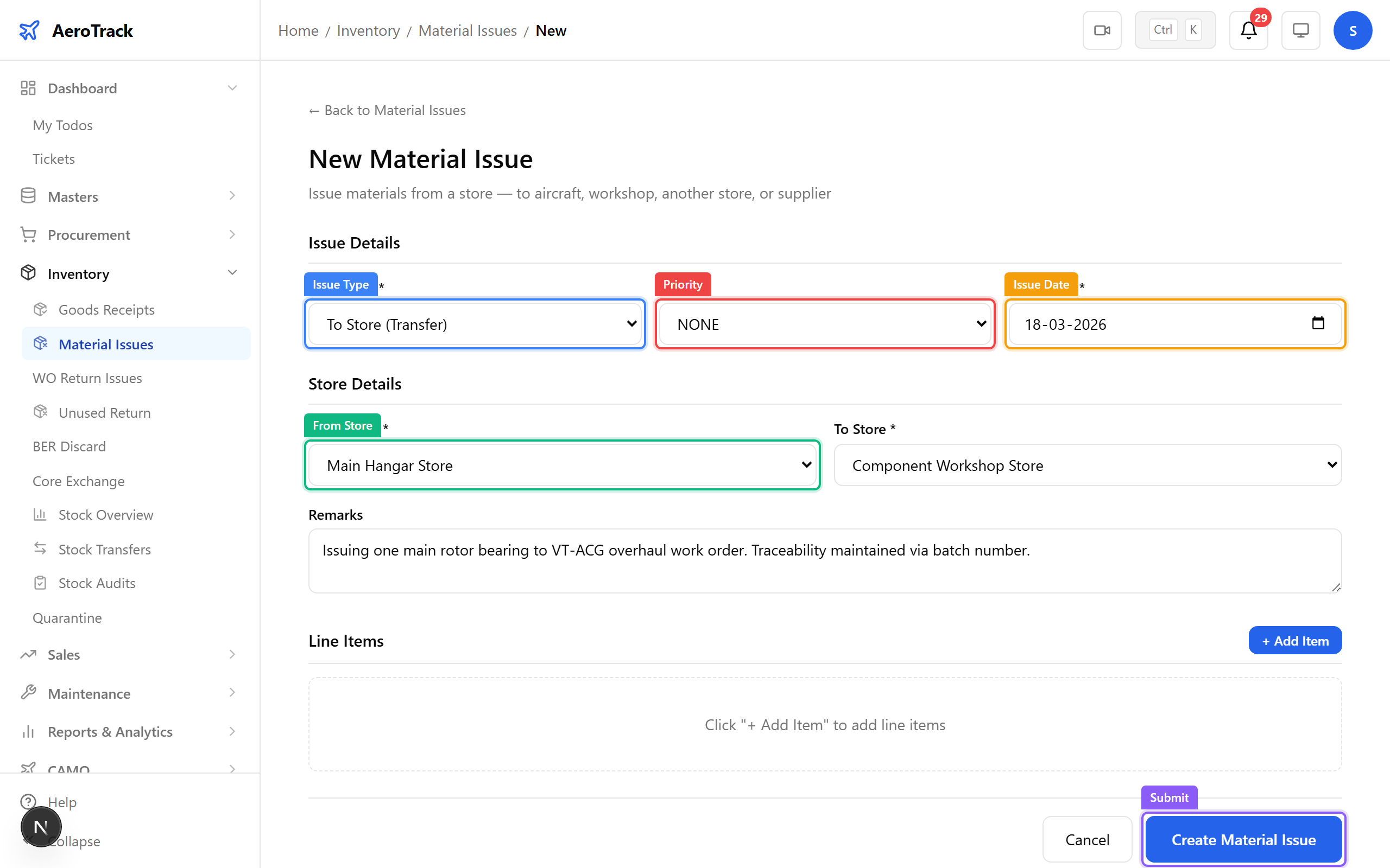 Material issue form linked to work order