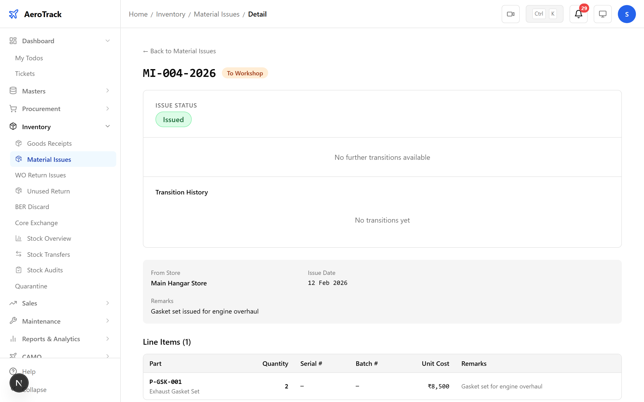 Material issue detail with status