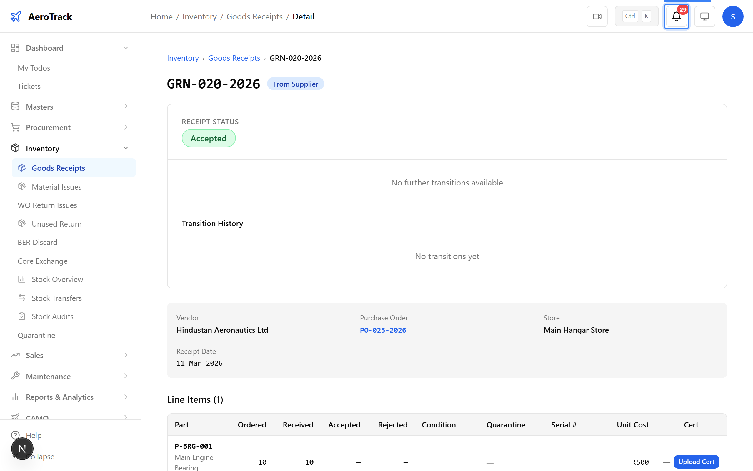 Notification bell showing receipt notification