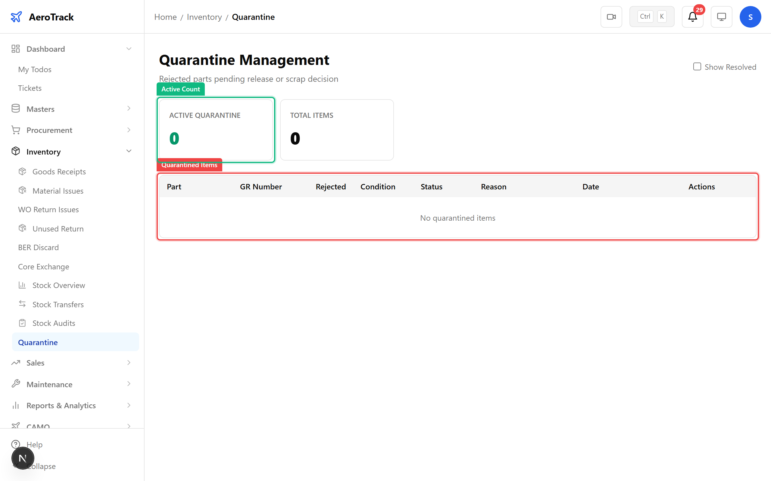 Quarantine items list with active count