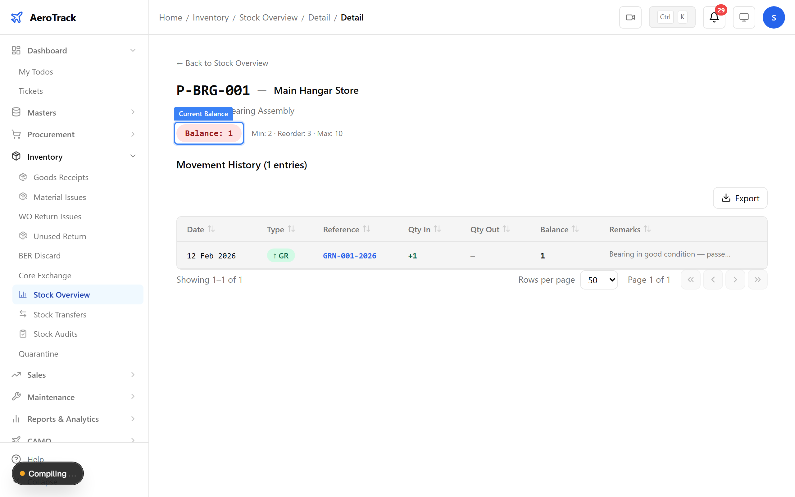Stock card with movement history