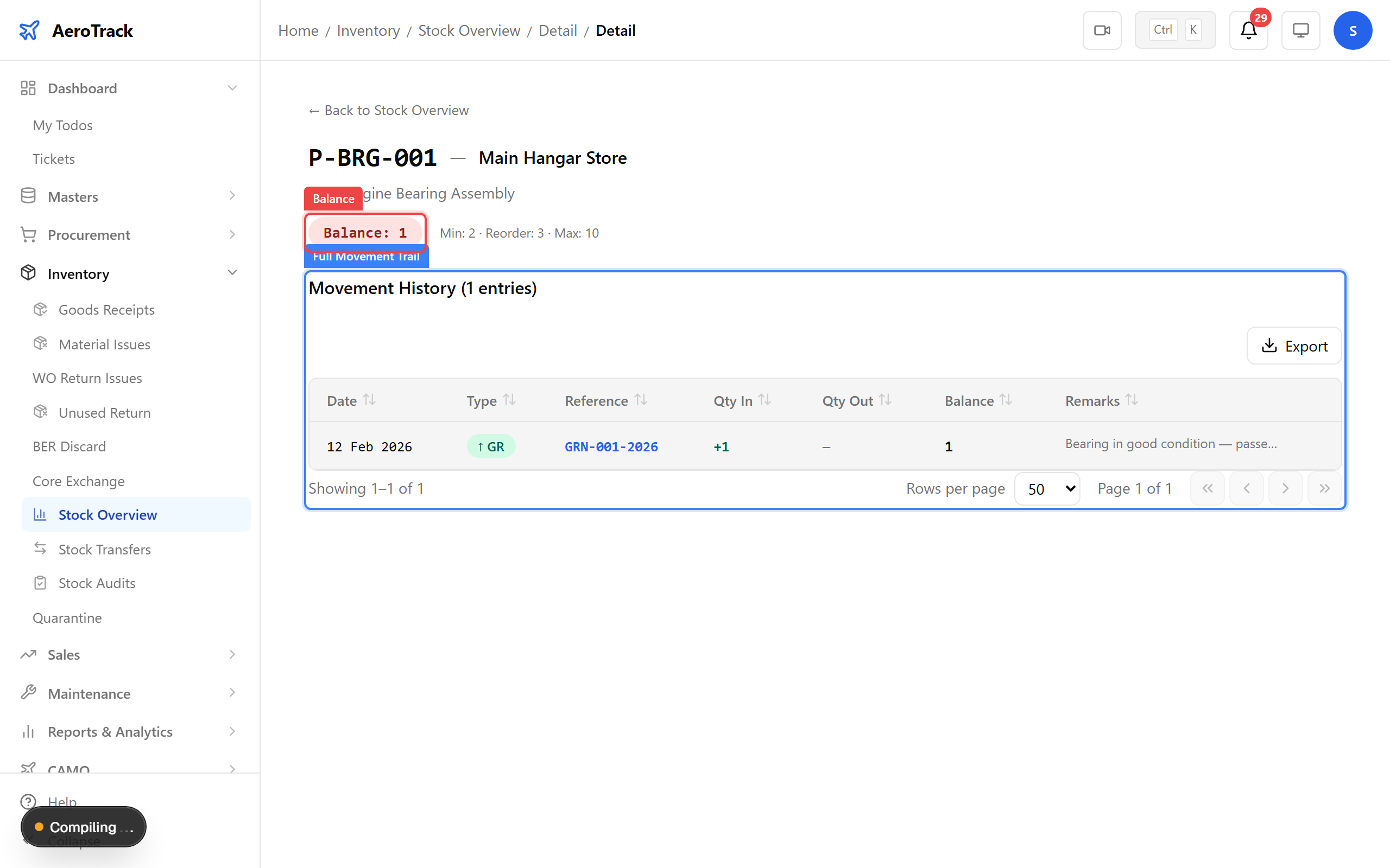 Stock movement history showing receipt and issue