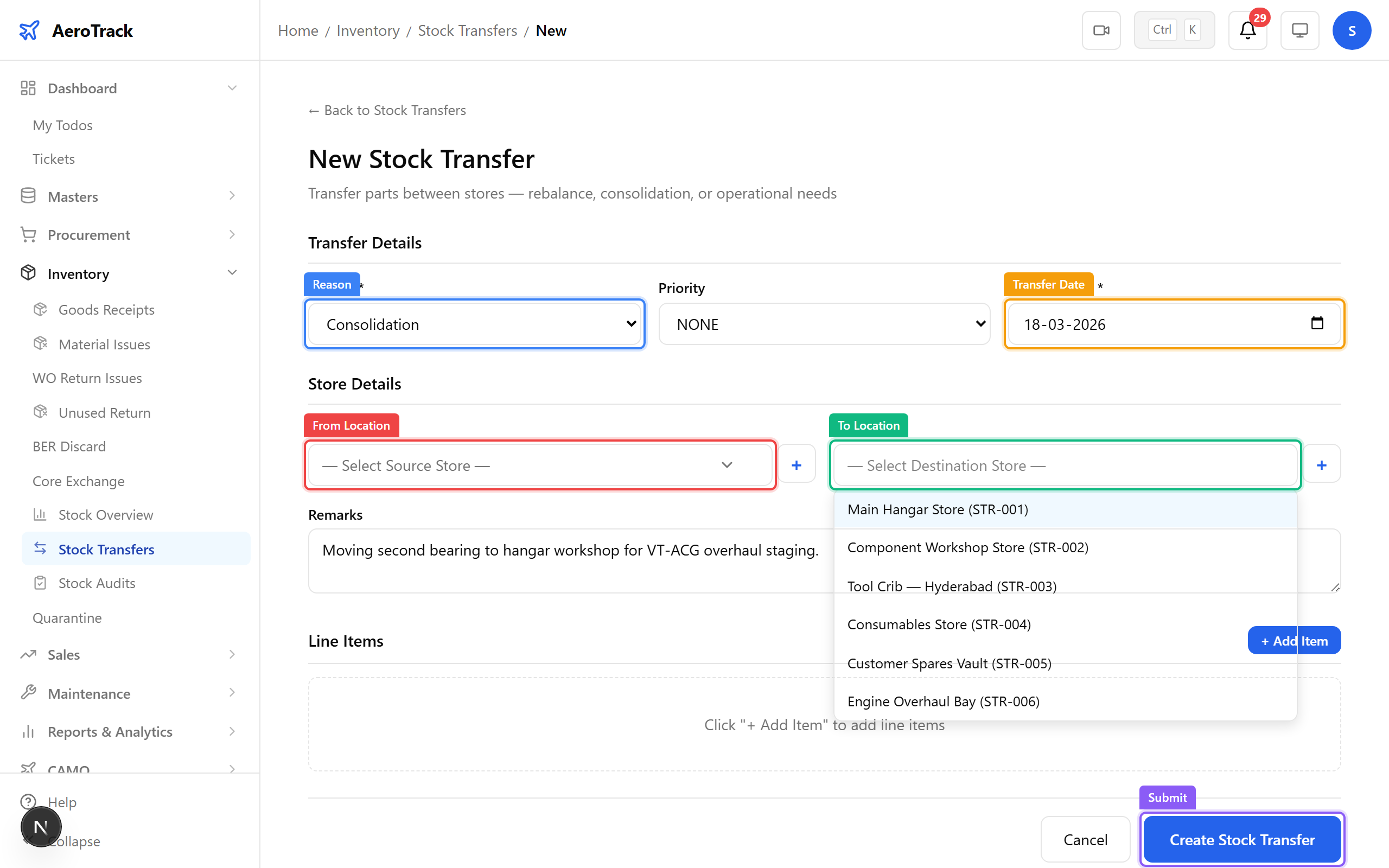 Stock transfer form with from/to locations