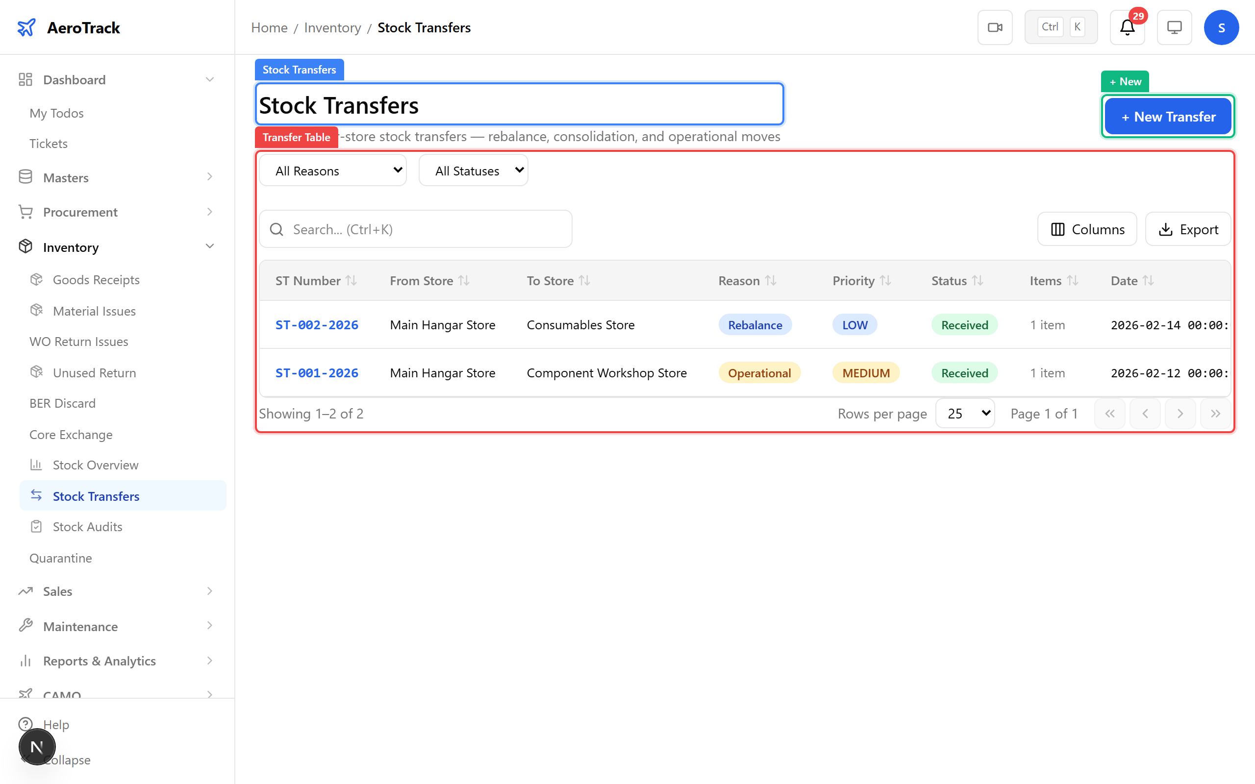 Stock transfers list