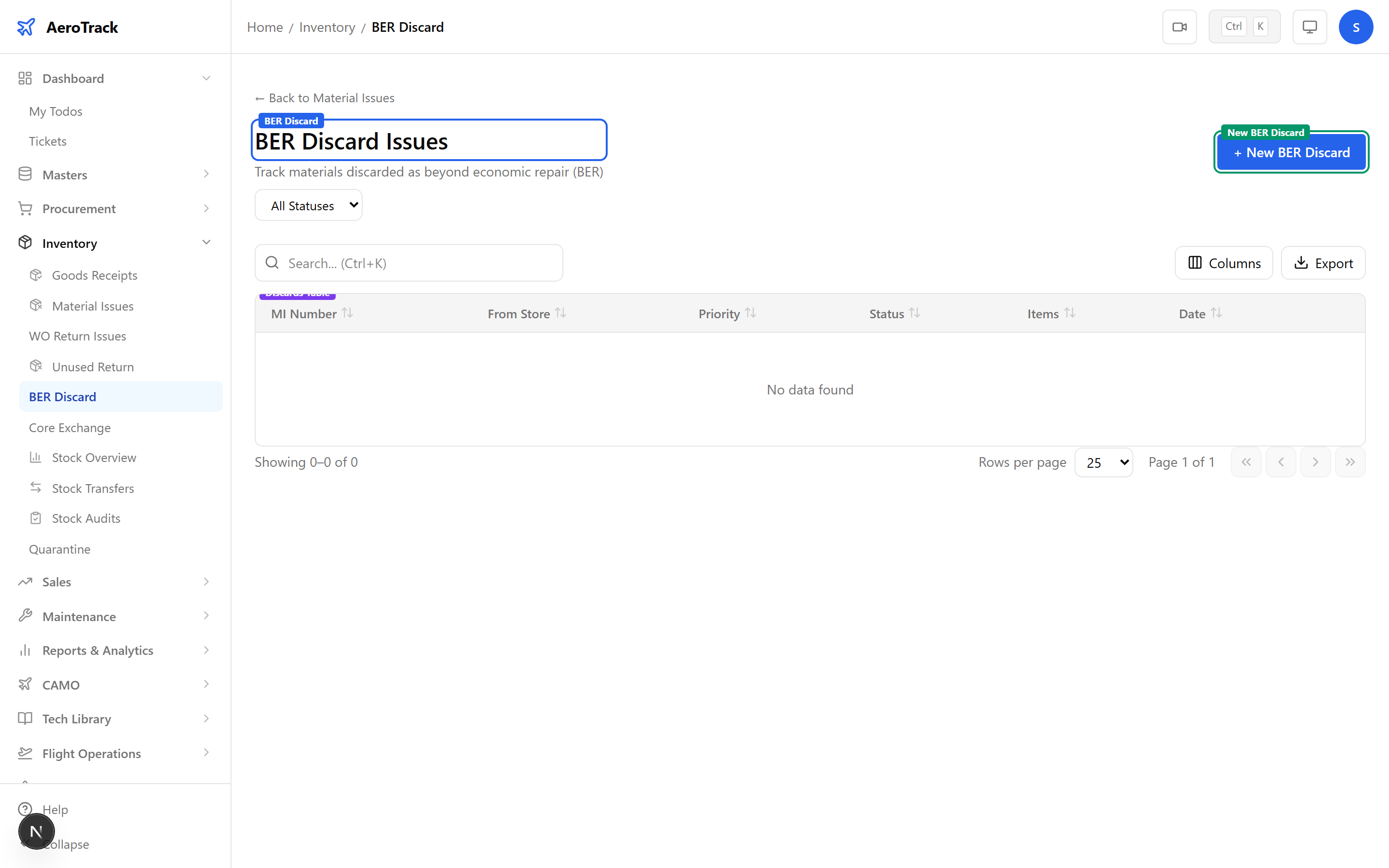 BER Discard list showing MI numbers, from store, BER Discard type badge, priority, status, item counts, and dates