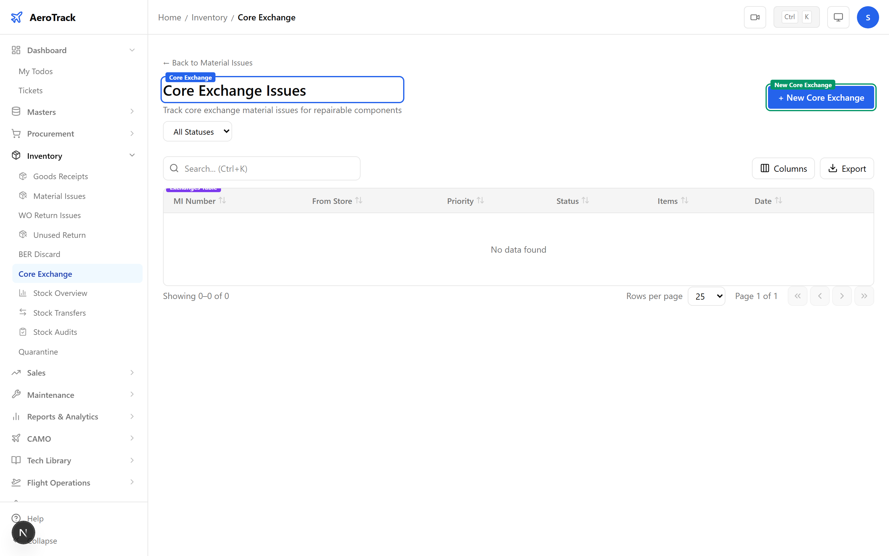 Core Exchange list showing MI numbers, from store, Core Exchange type badge, priority, status, item counts, and dates