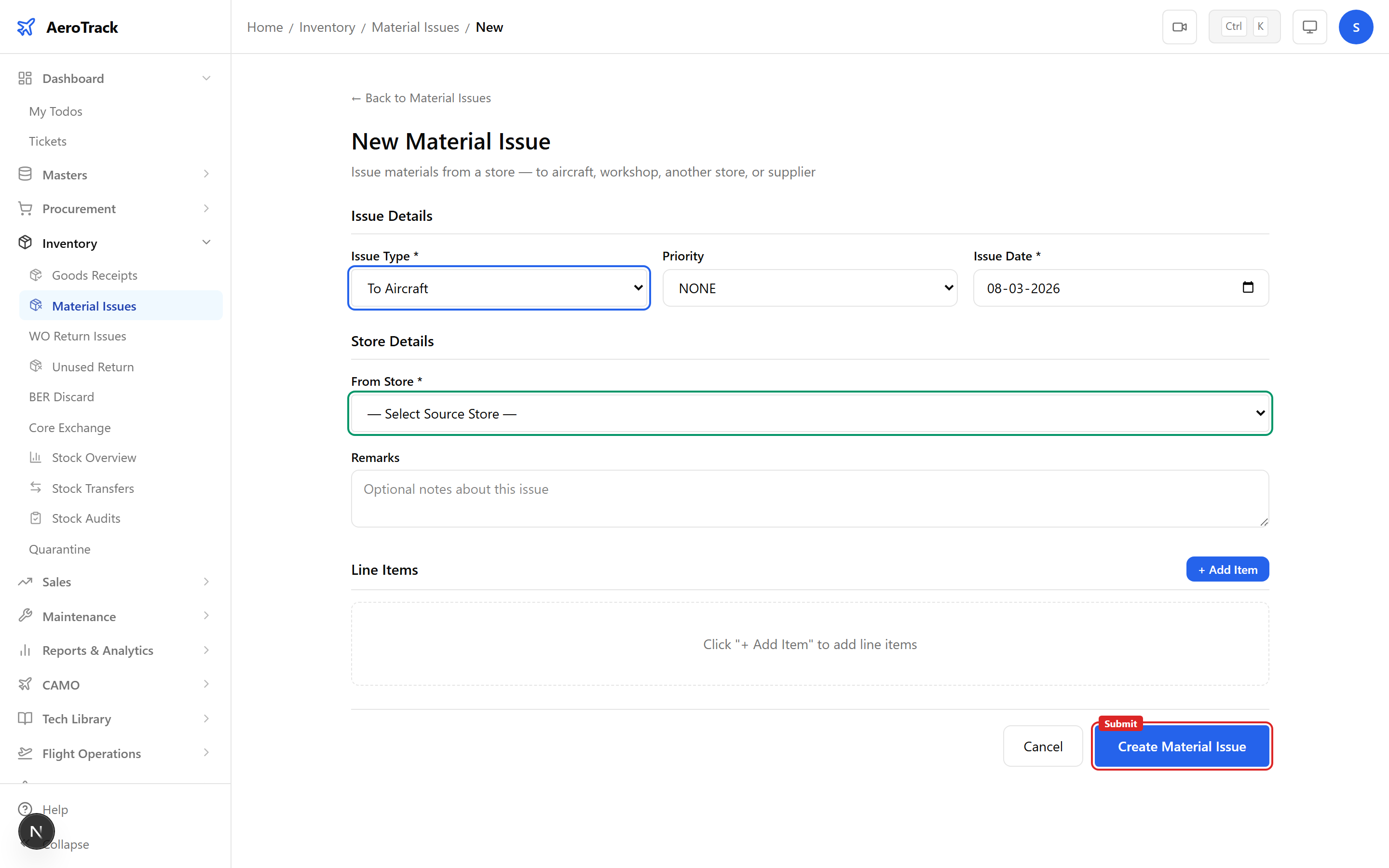 Core Exchange form with pre-selected type, store selector, date picker, and line items with Core Unit Ref field for old core serial numbers