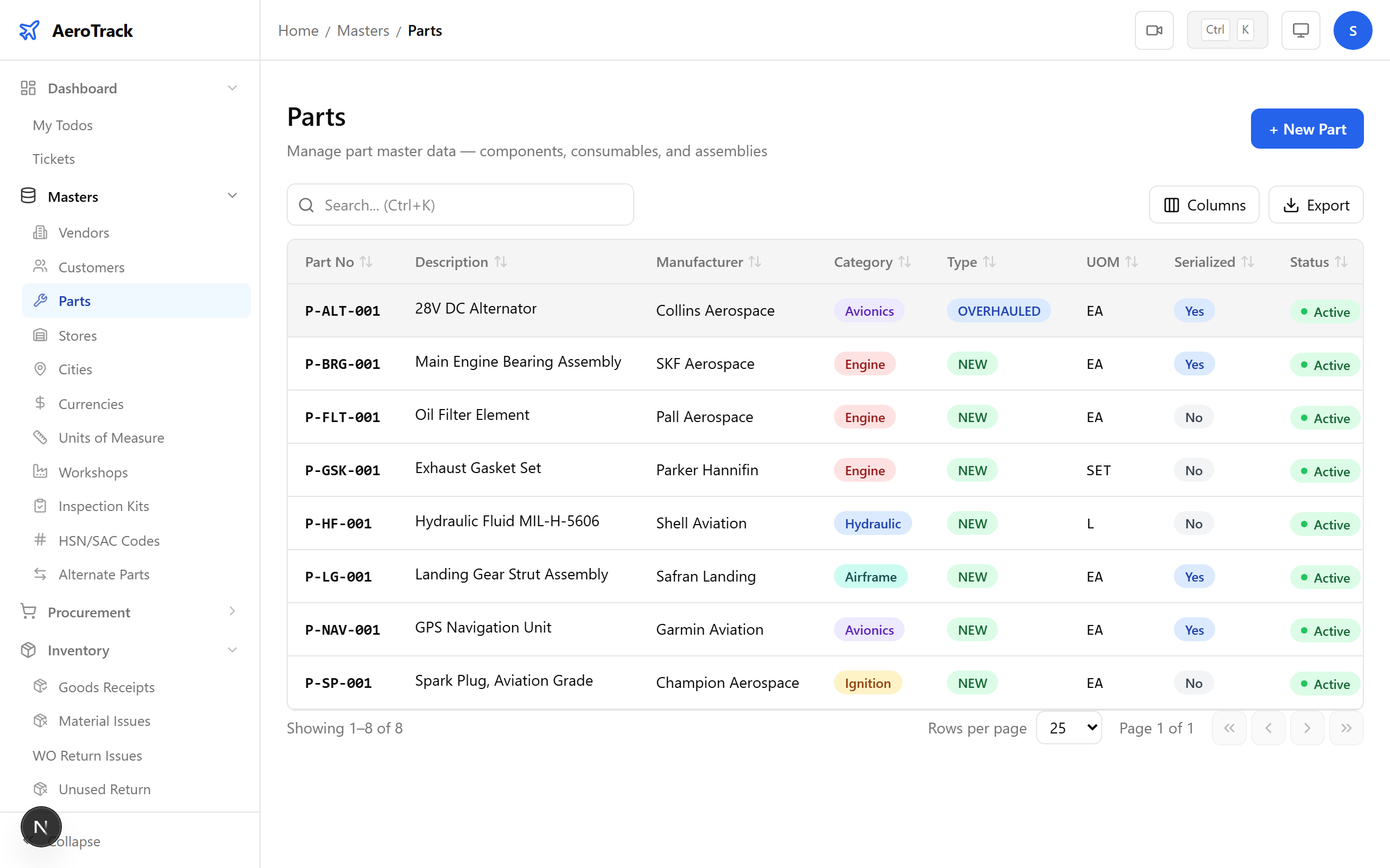 Part detail page showing the certificates section with uploaded documents