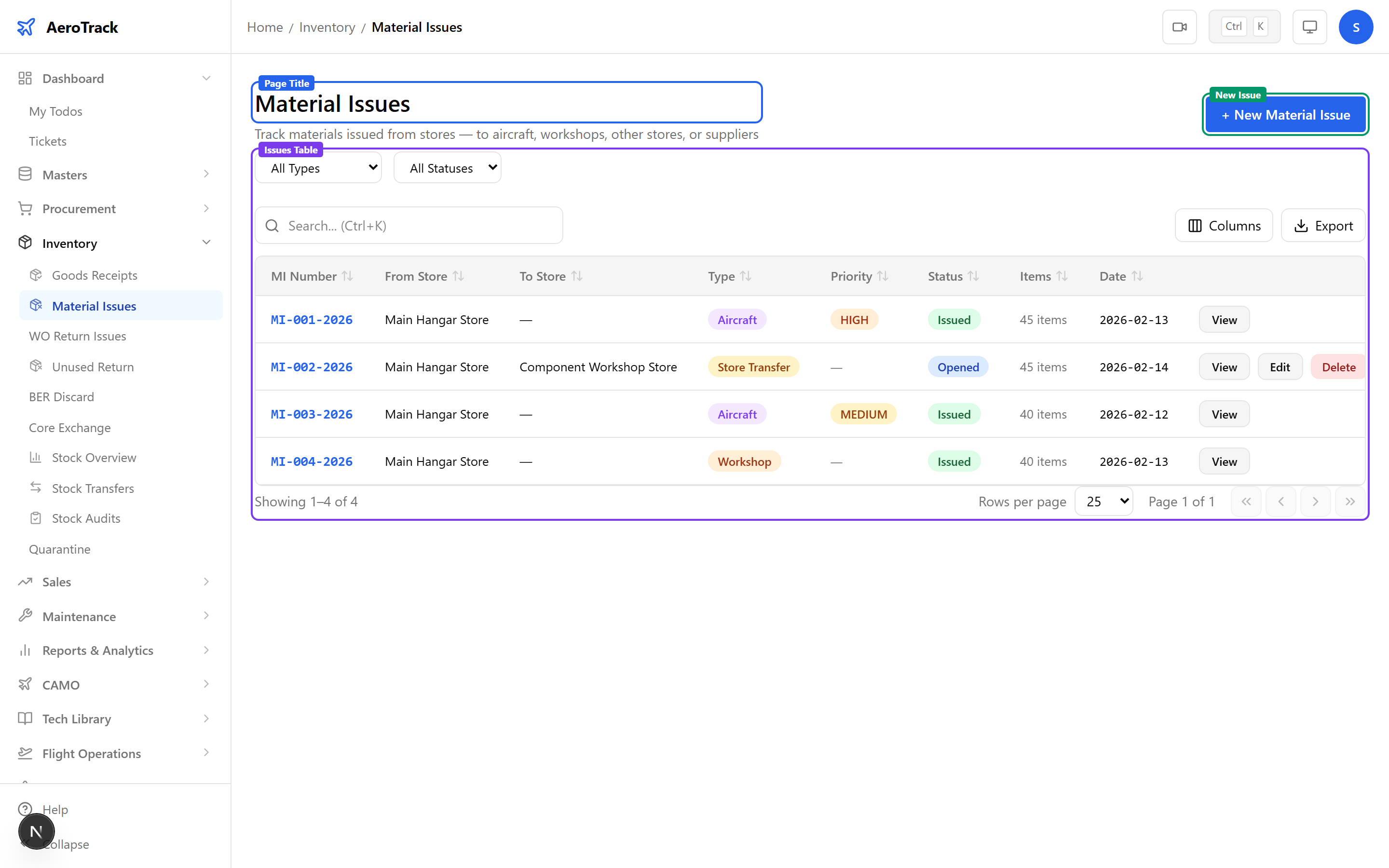 Material Issues list showing MI numbers, stores, issue type badges, priority, status badges, item counts, and dates