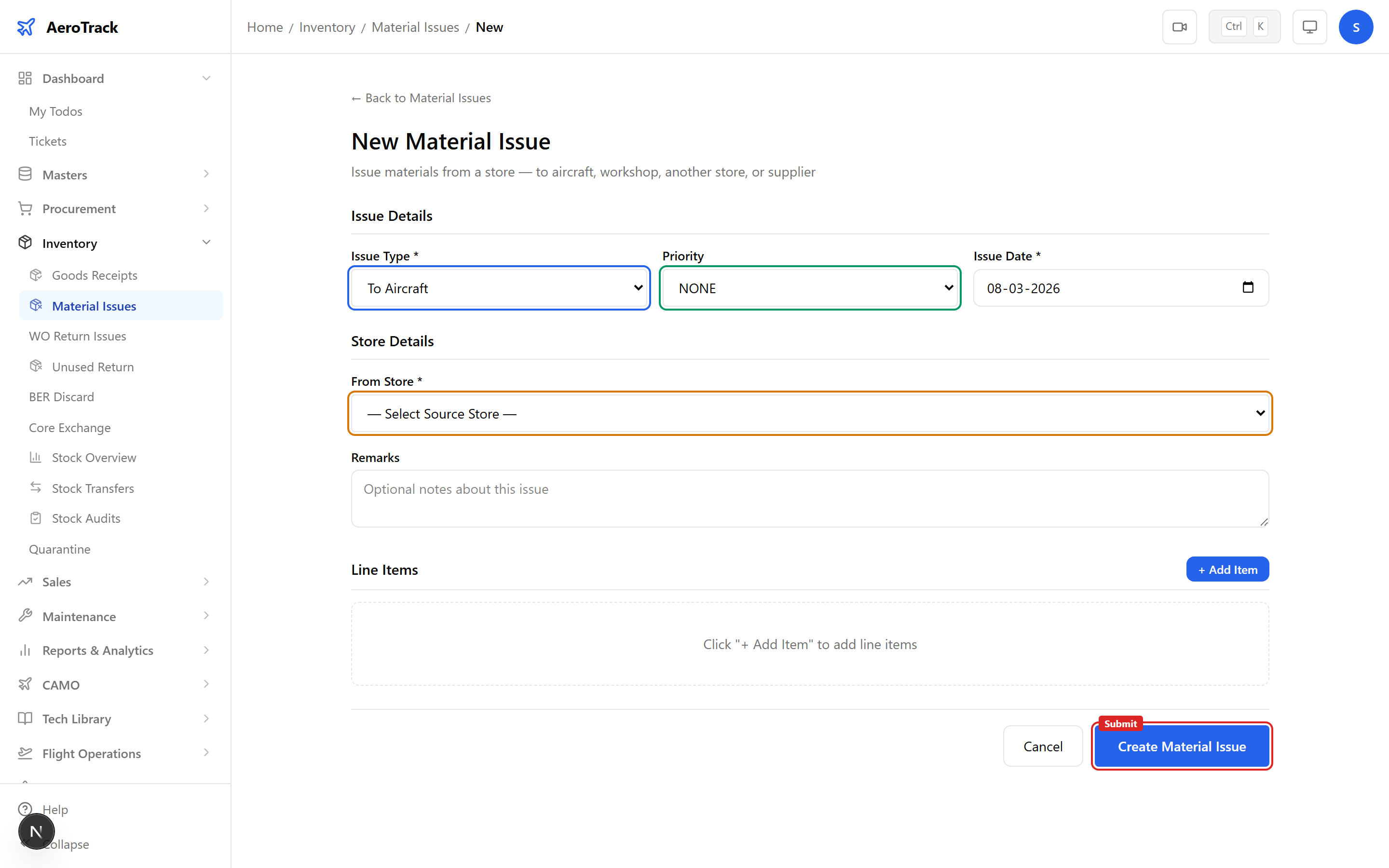 Material Issue form with issue type selector, priority dropdown, date picker, from/to store selectors, and remarks