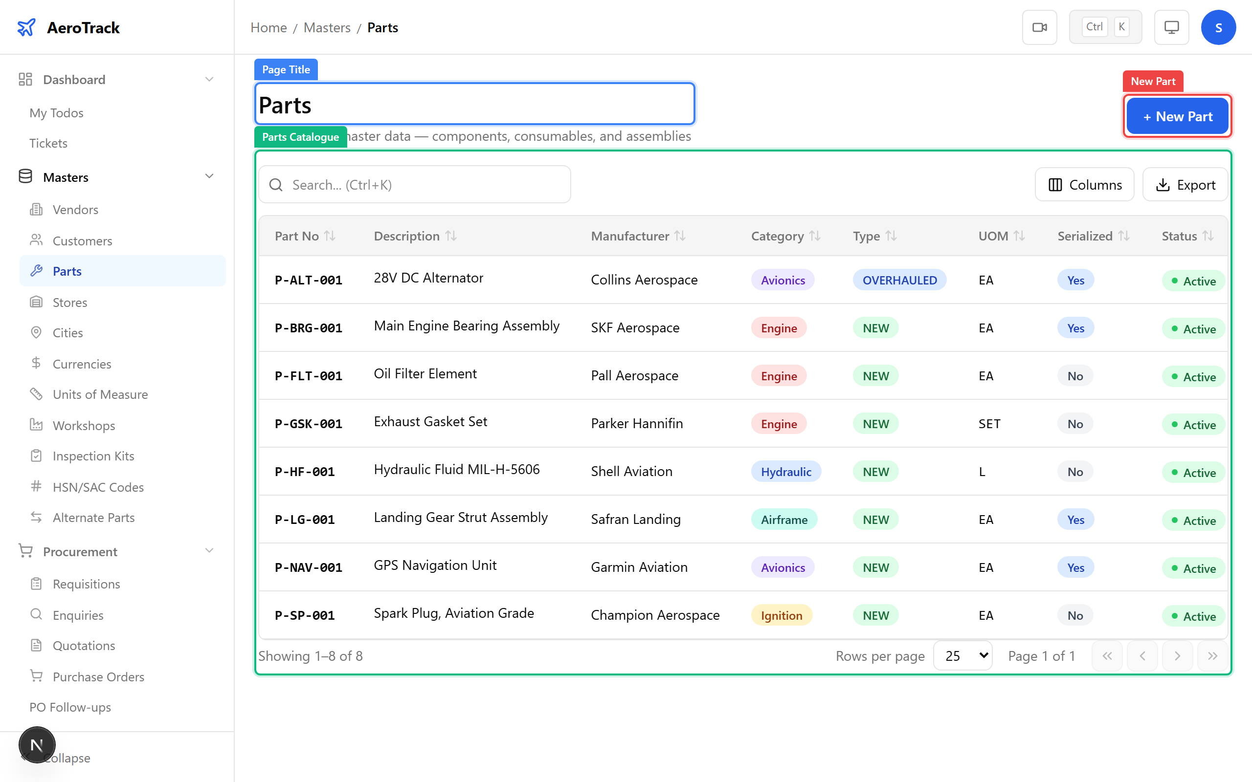 Parts catalogue list with part numbers, descriptions, and stock levels