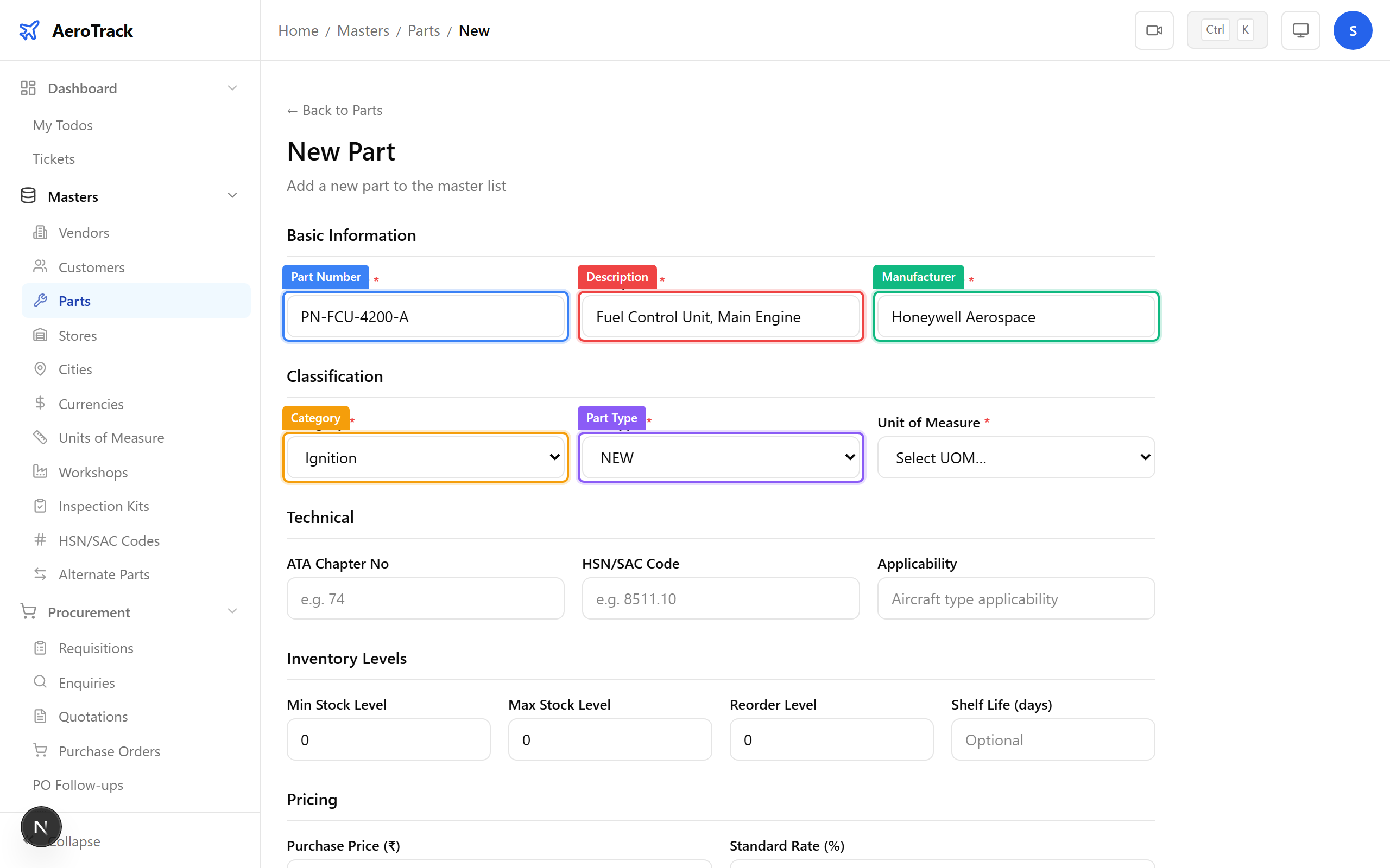 Part form showing part number, description, manufacturer, category, and type fields