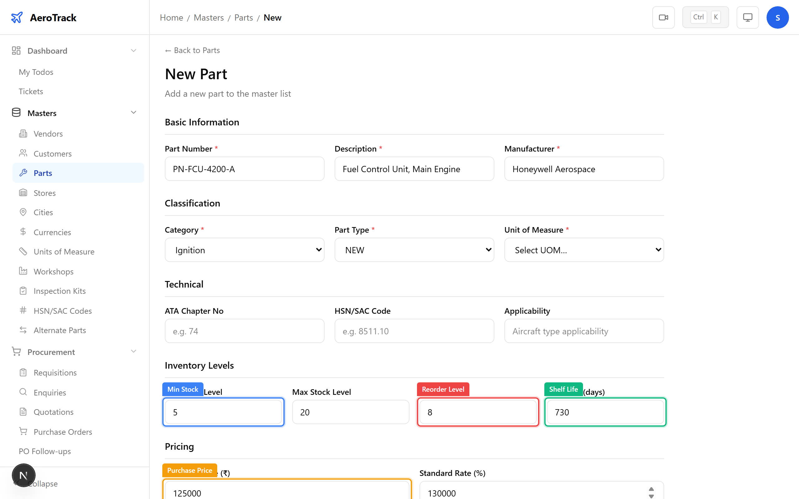 Part form lower section with stock levels, shelf life, and pricing