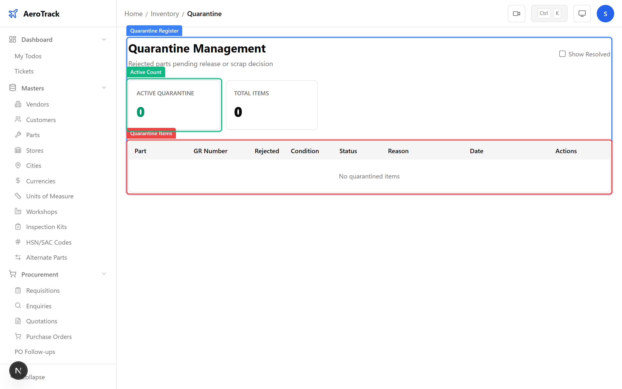 Quarantine register showing active quarantined items with part details and reasons