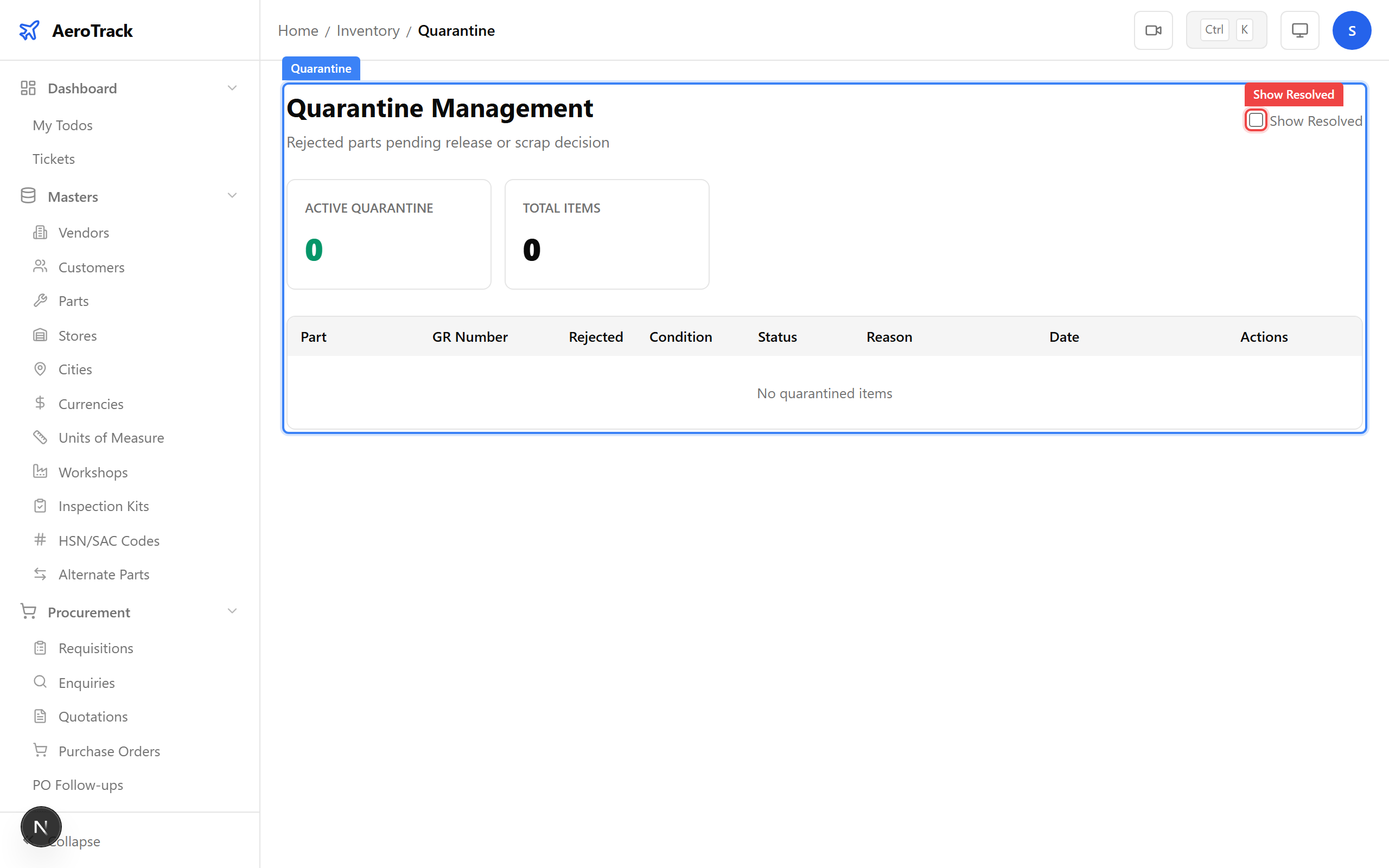 Quarantine resolution dialog with reason field and confirm button