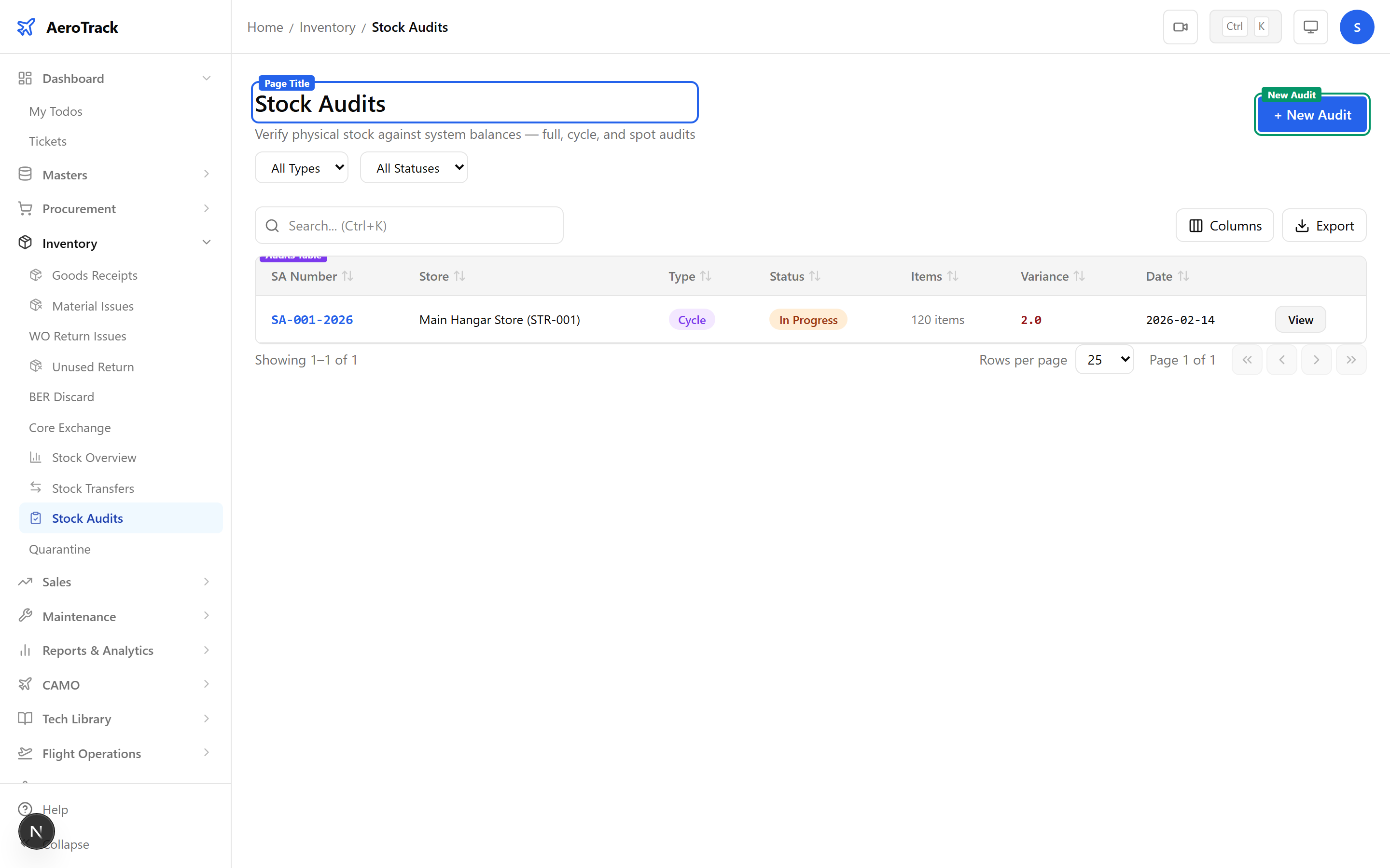 Stock Audits list showing SA numbers, stores, audit type badges, status, line counts, variance totals, and dates