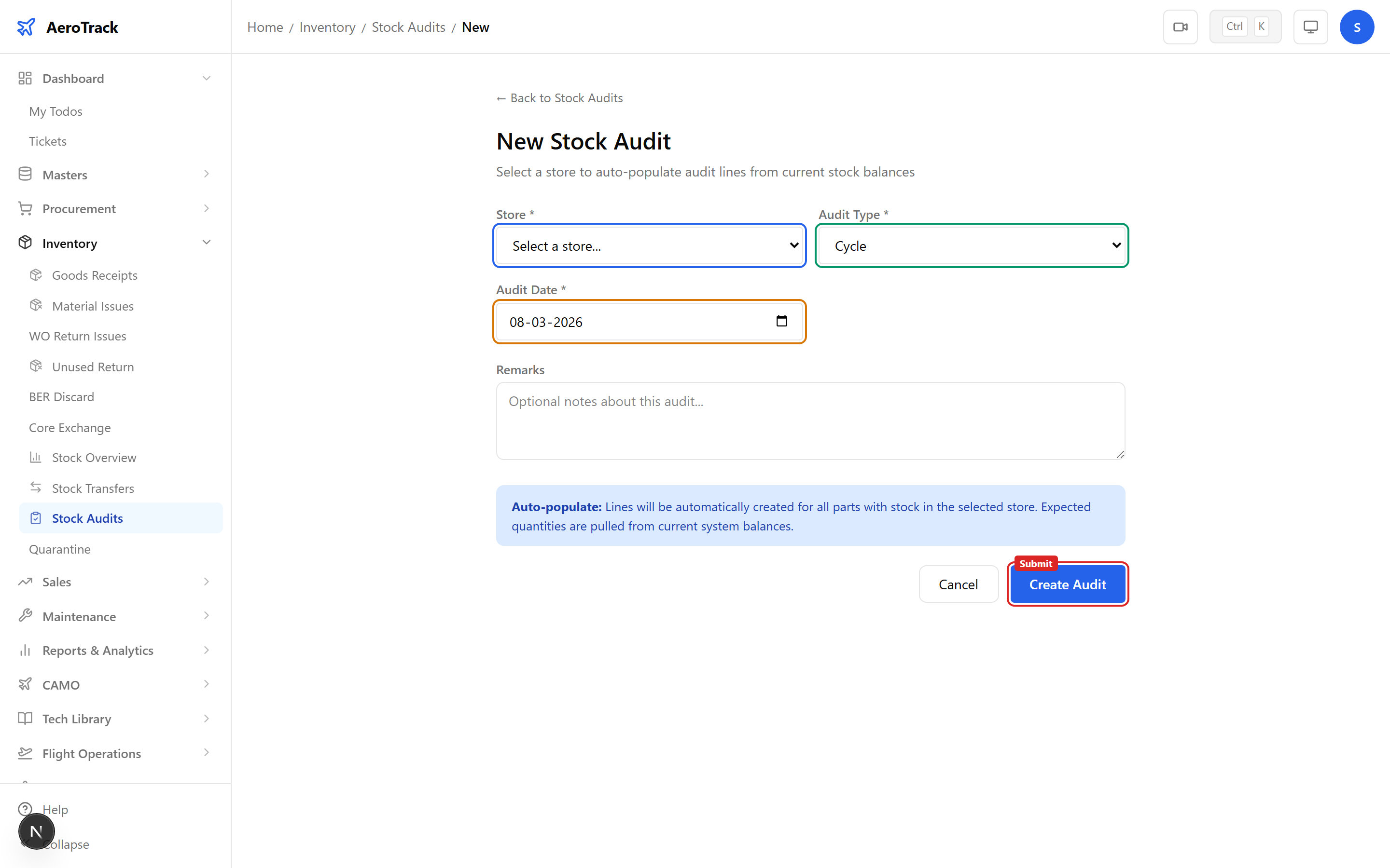Stock Audit form with store selector, audit type dropdown, date picker, and remarks textarea with auto-populate info banner