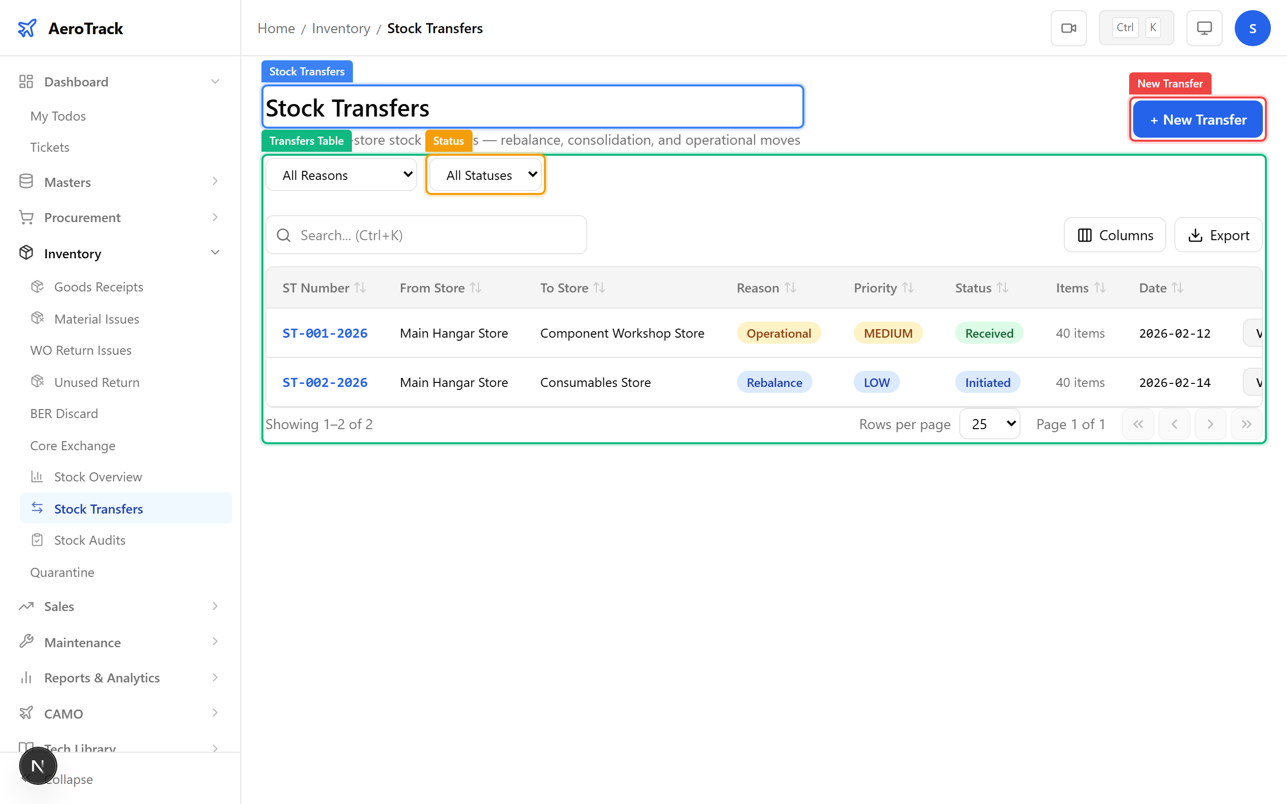 Stock transfers list with reason and status filters