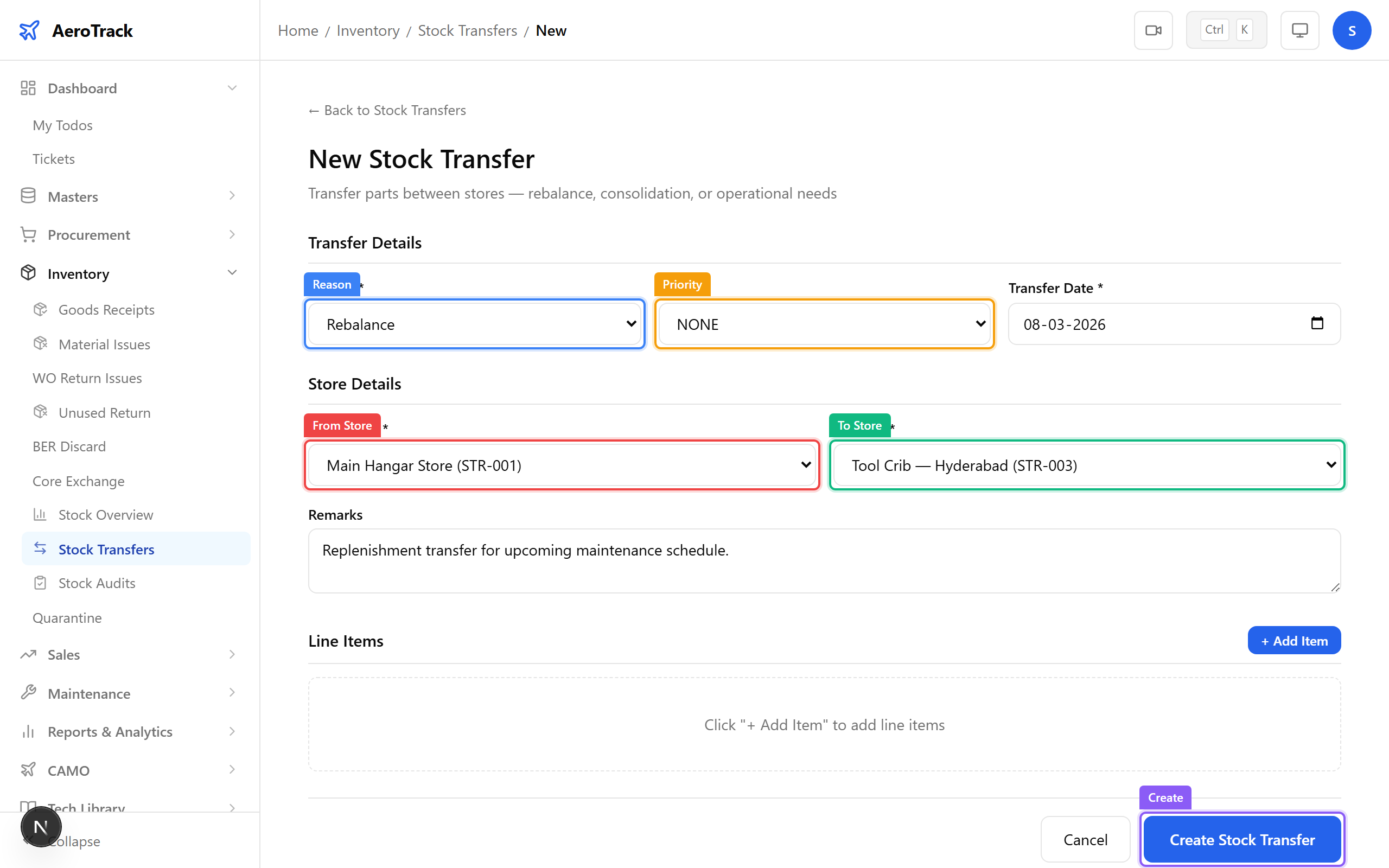 Stock transfer form with from/to stores and line items