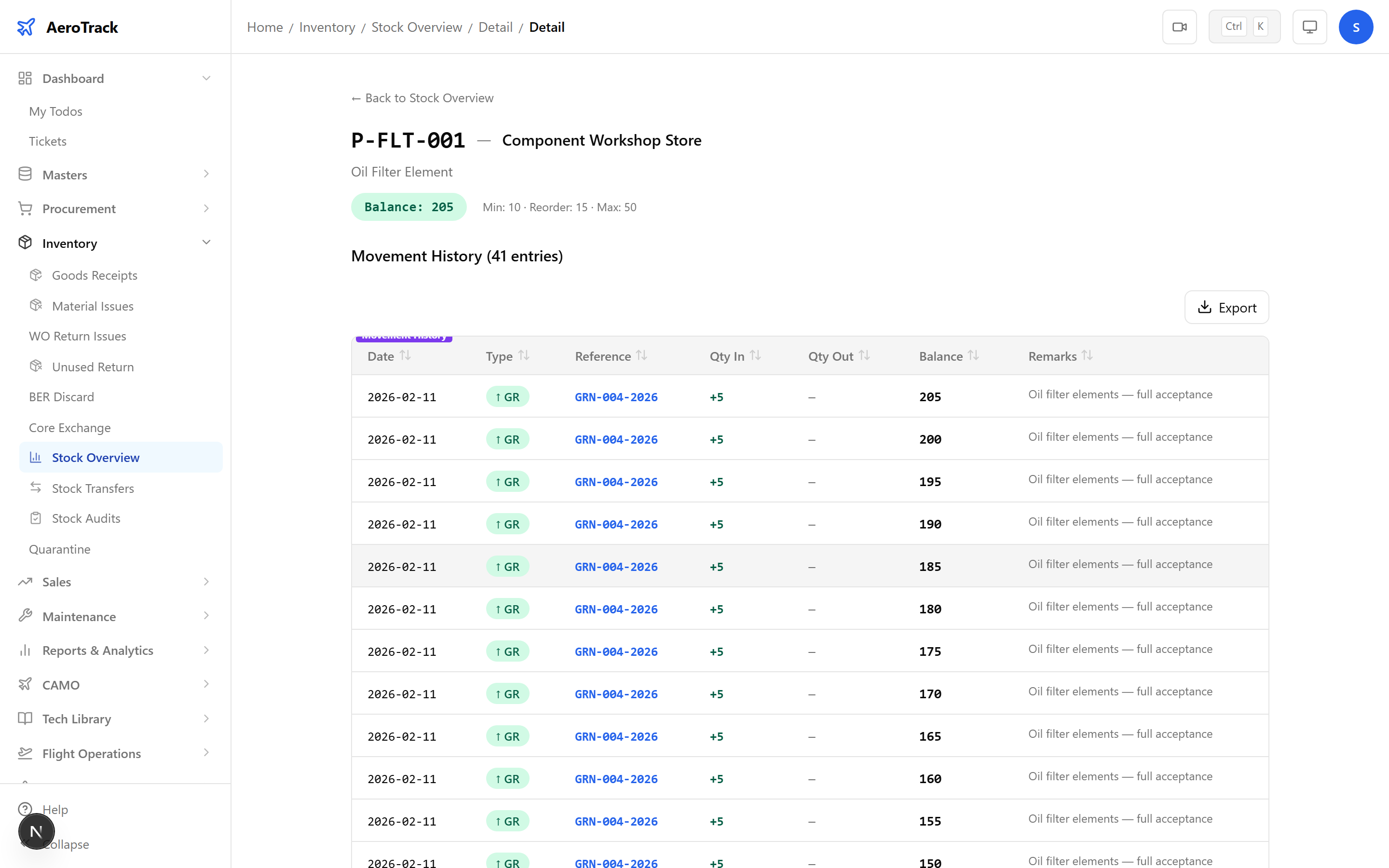 Stock detail page showing part info, current balance card, and movement history table with in/out quantities and running balance