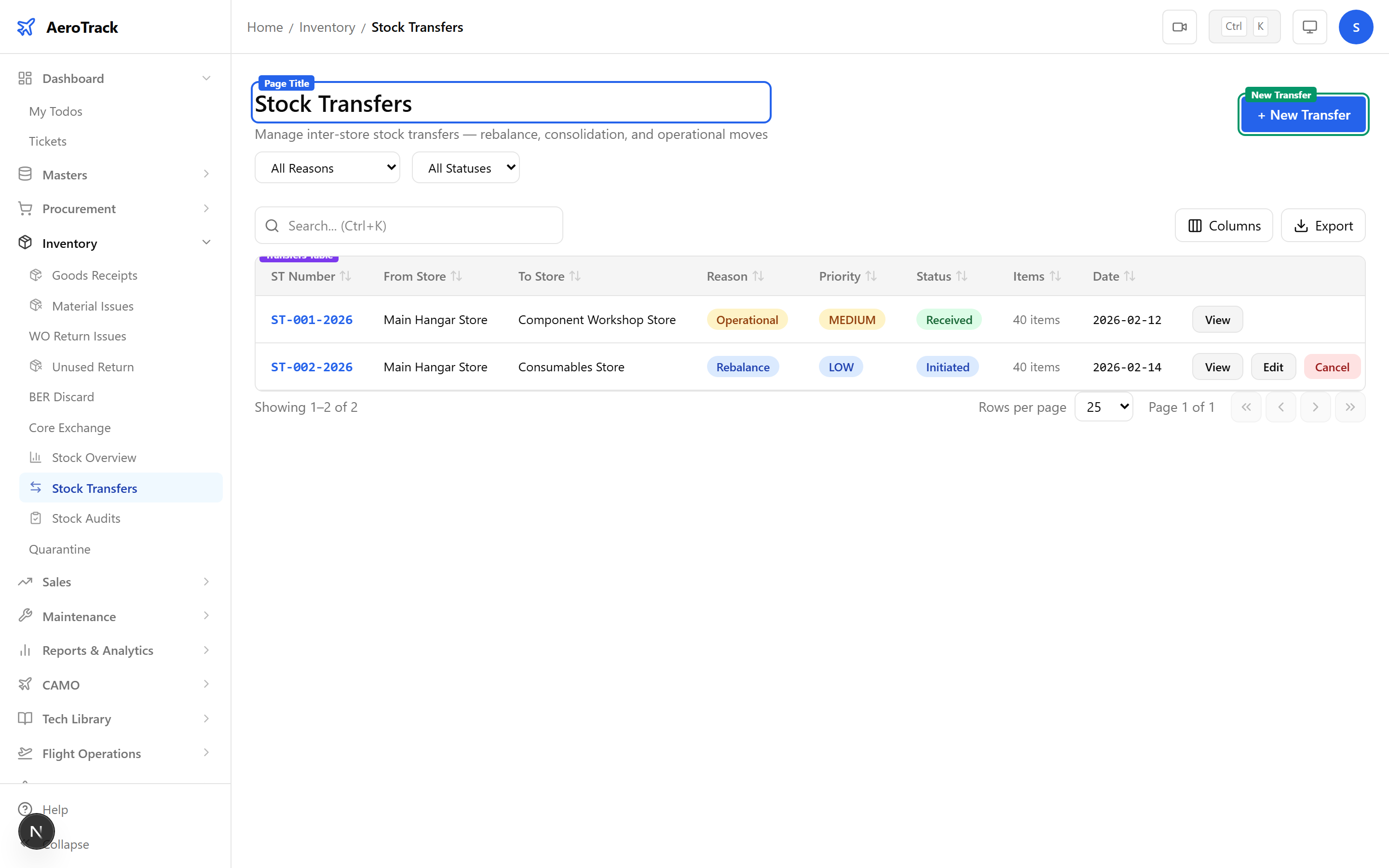 Stock Transfers list showing ST numbers, from/to stores, reason badges, priority, status, item counts, and dates