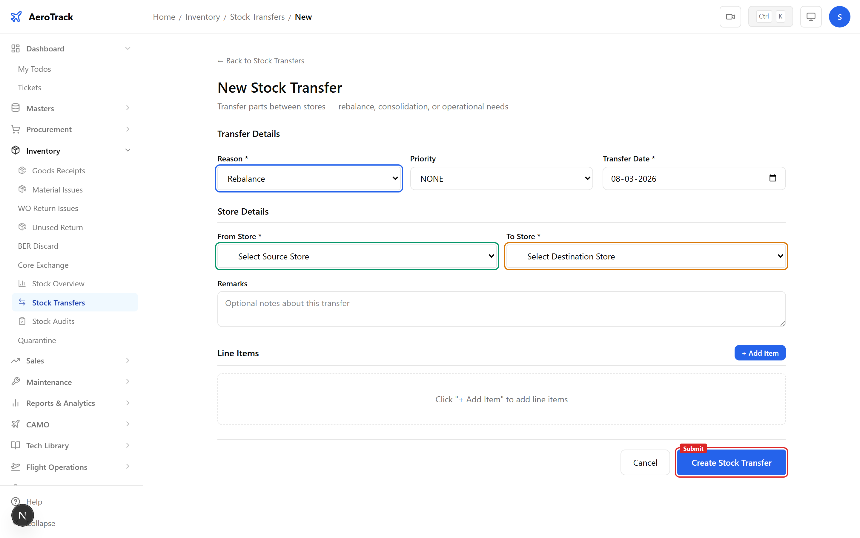 Stock Transfer form with reason selector, priority, date picker, from/to store dropdowns, and remarks textarea