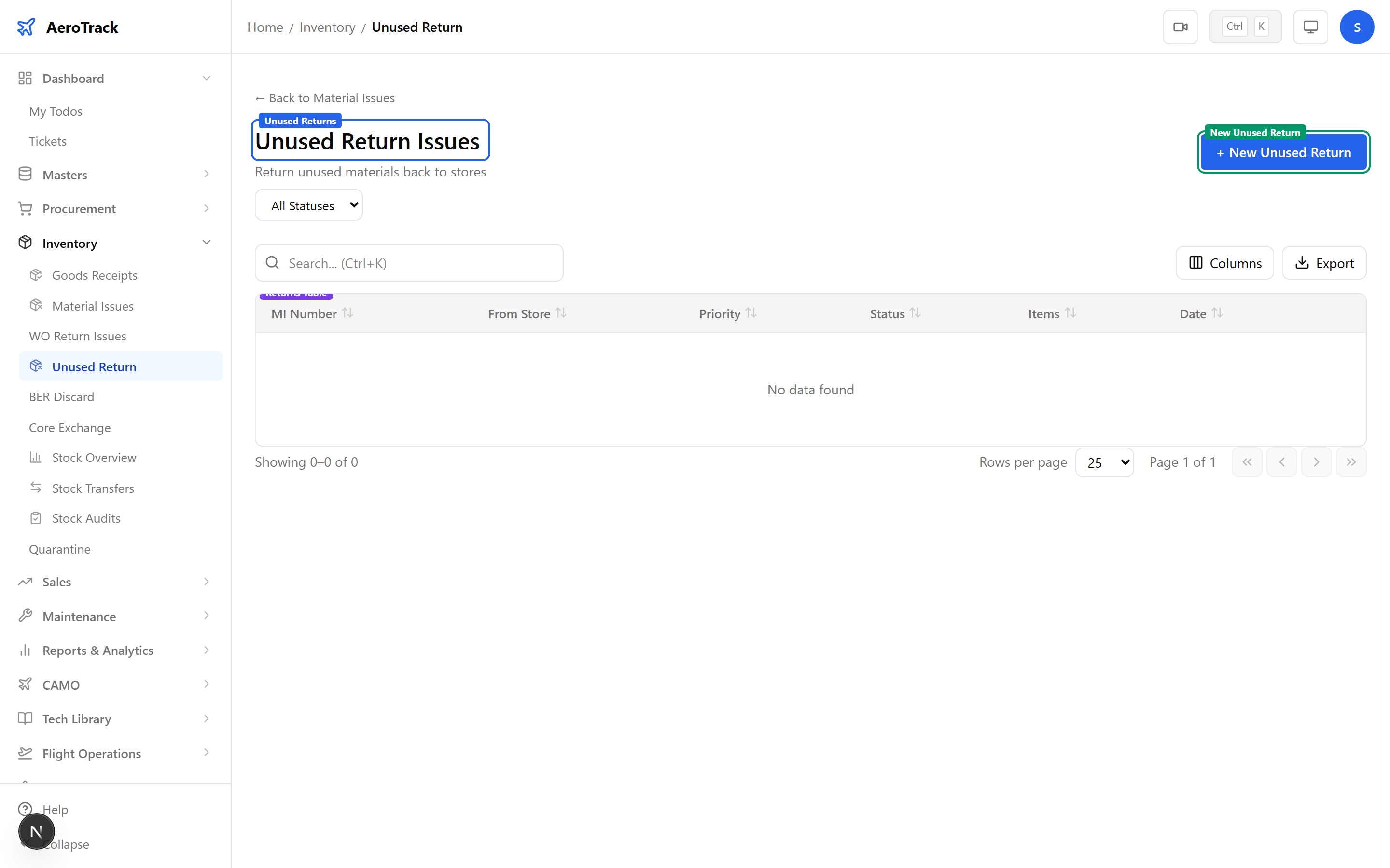 Unused Return Issues list showing MI numbers, from store, Unused Return type badge, priority, status, and dates