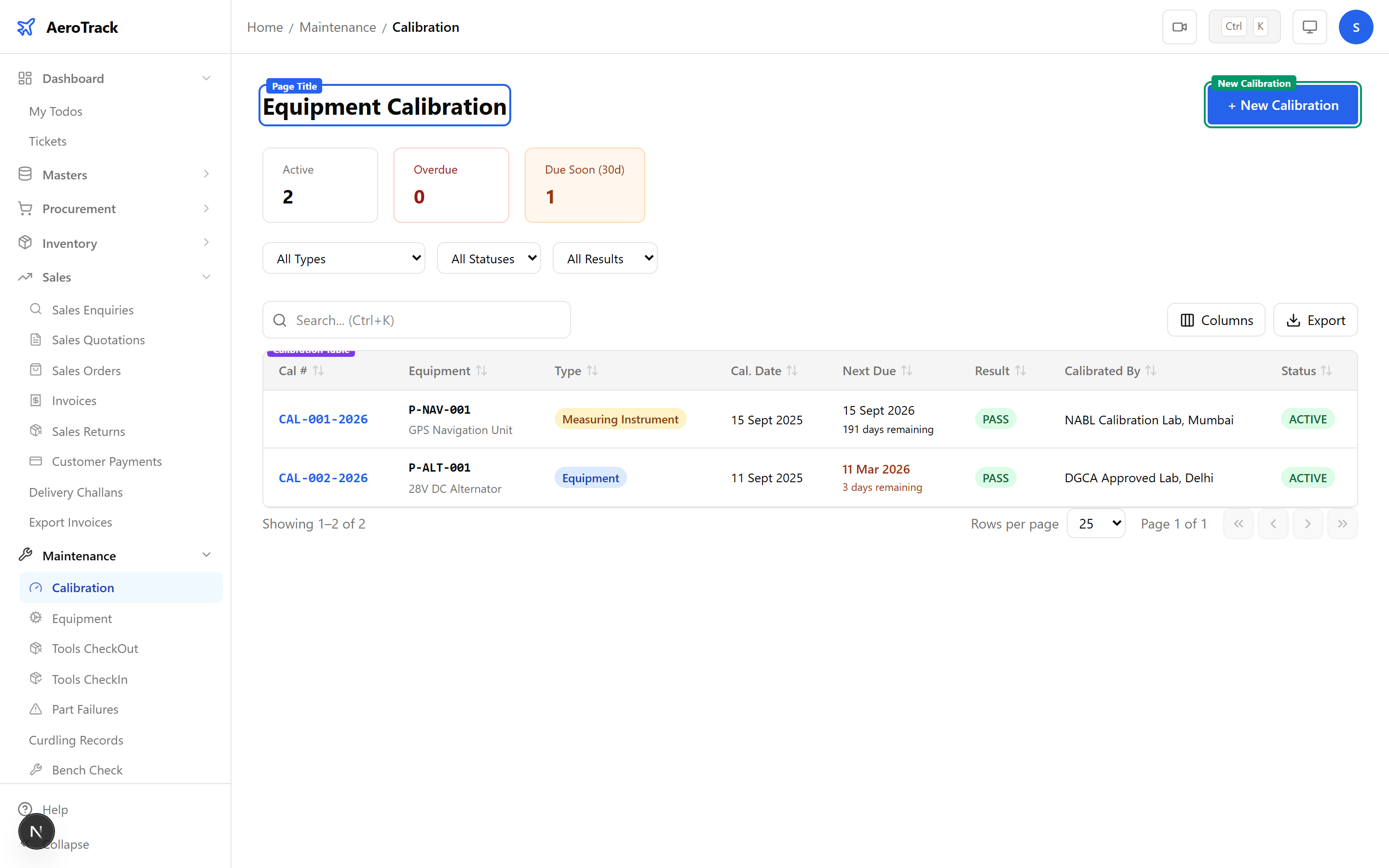 Calibration list showing CAL numbers, equipment part number, equipment type badge, calibration date, next due date, result badge, status badge, and days until due colour-coded column