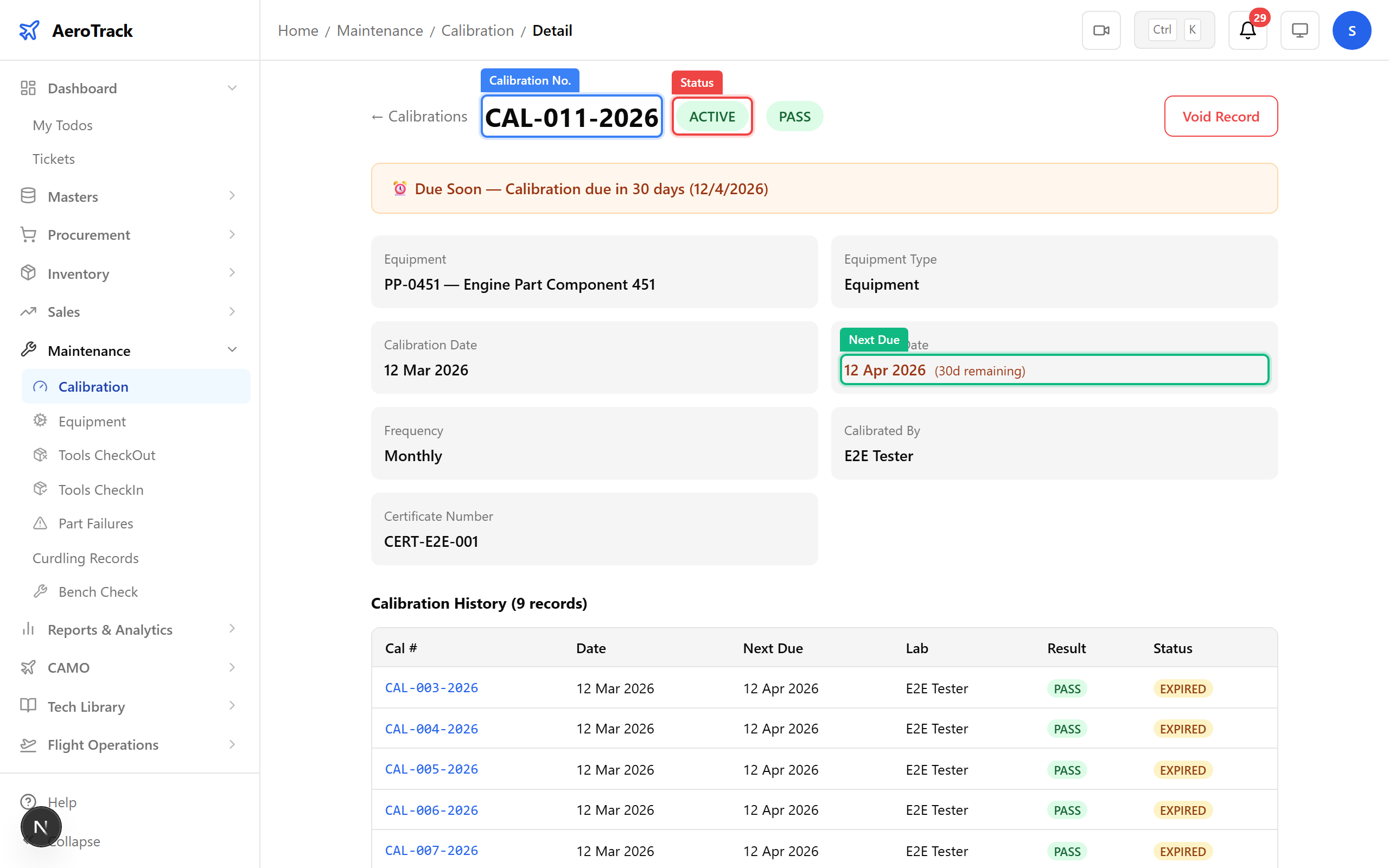 Calibration detail with due date and status